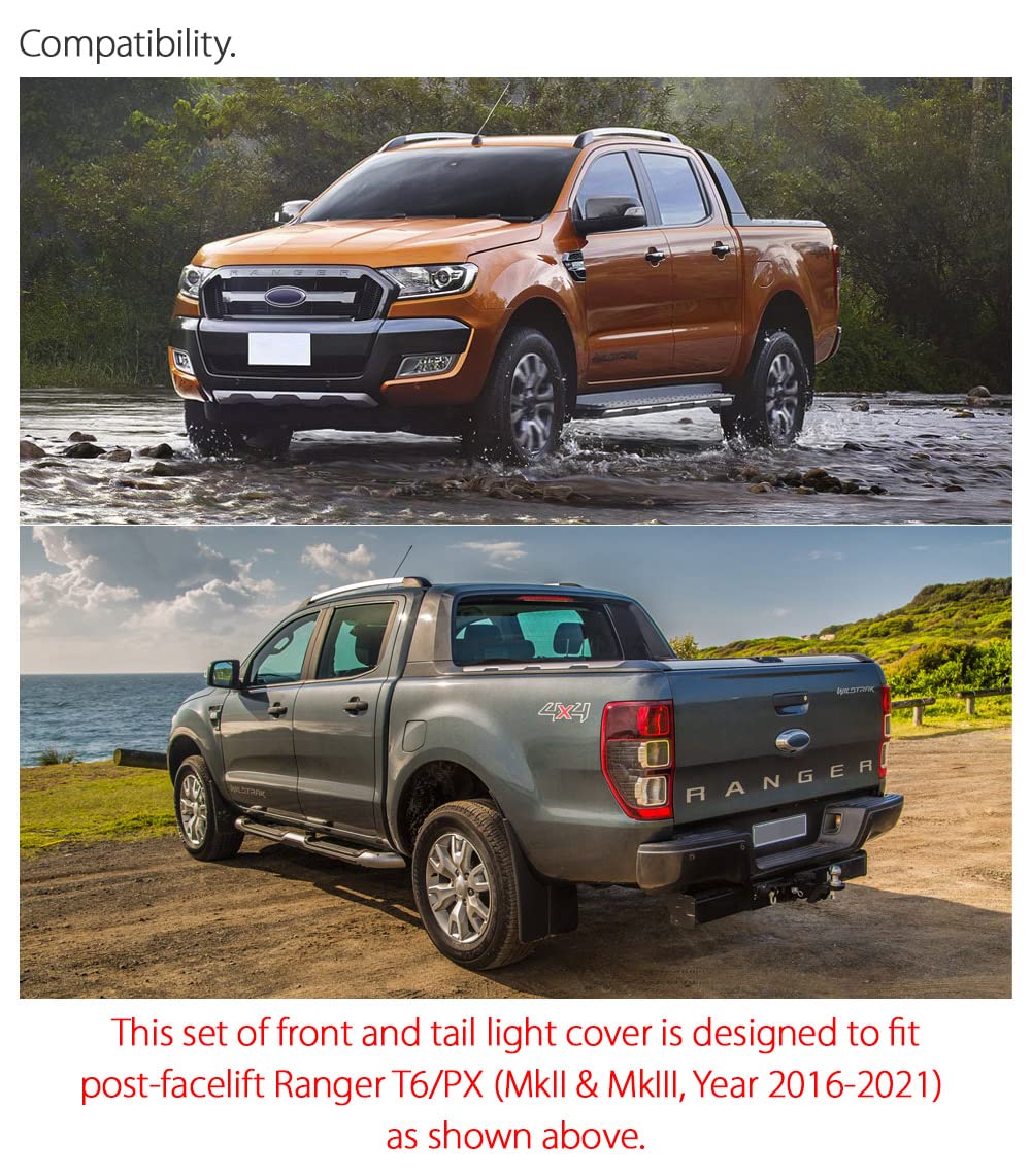 TUNEZ® Osłony reflektorów i świateł tylnych kompatybilne z Ford Ranger PX T6 Wildtrak XL XLT Limited 2 XLS Mk2 Mk3 rok 2016-2019 przednia i tylna lampa matowa czarna osłona