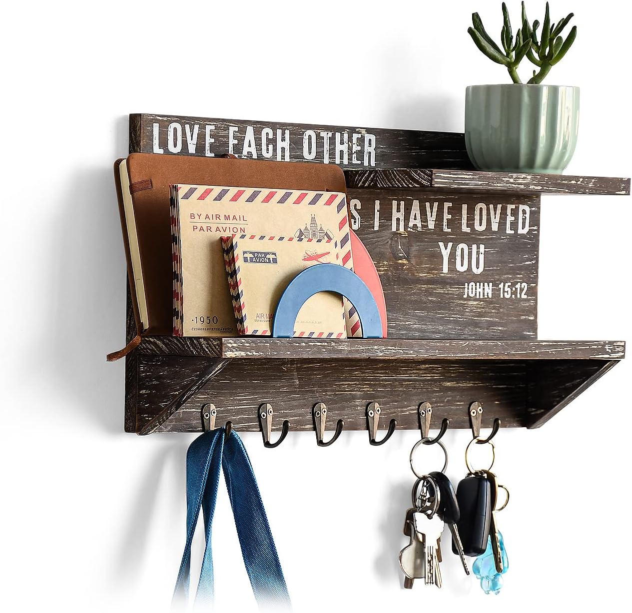 OKSQW Rustic Wall Decor, Rainbow Sign Key Holder for Wall Mounted Coat Rack with Shelf, Home Decor Entryway Hallway Decor Farmhouse DIY Key Hook for Wall with 6 Key Hooks