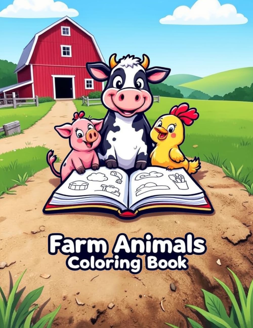 Farm Animals Coloring Book: Adorable Farm Friends: Bold and Easy Kawaii Animal Pages with Cute Country Landscapes for Kids and Toddlers