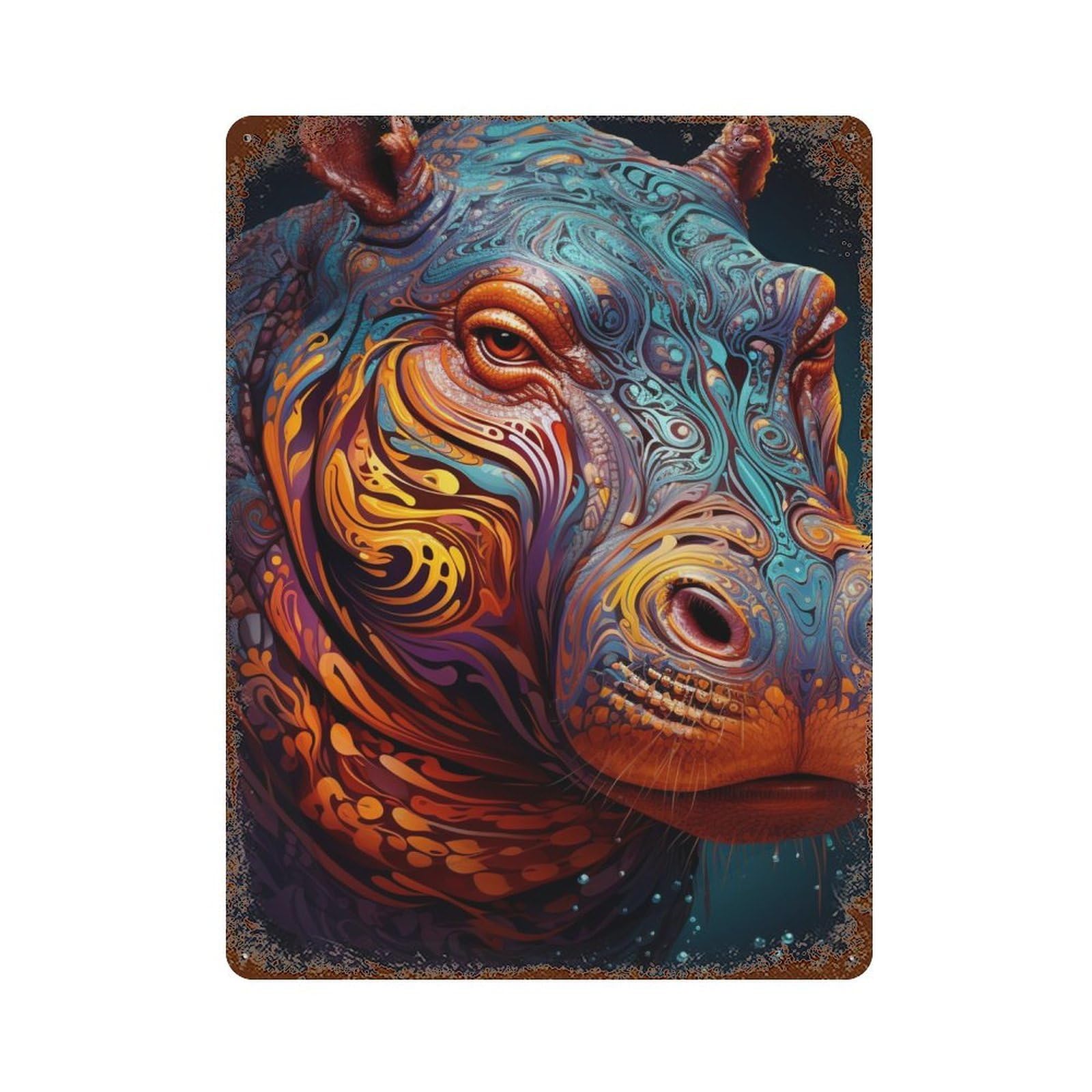 Colorful Hippo Illustration Vintage Wall Sign 15.7"x11.8", Rust Effect Metal Decor for Shed, Workshop And Garage Wall Decor