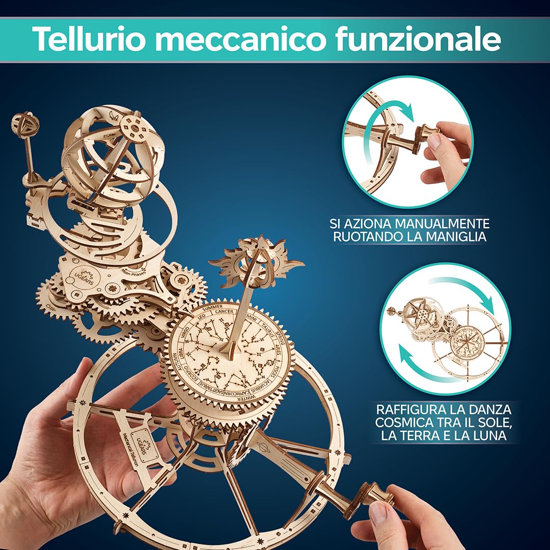 UGEARS Tellurion Meccanico 3D Puzzle - Regalo per la Festa del Papà Terra e Luna Puzzle 3D in Legno per Adulti - Kit Modello per Adulti da Costruire - Kit Modello Educativo del Sistema Solare