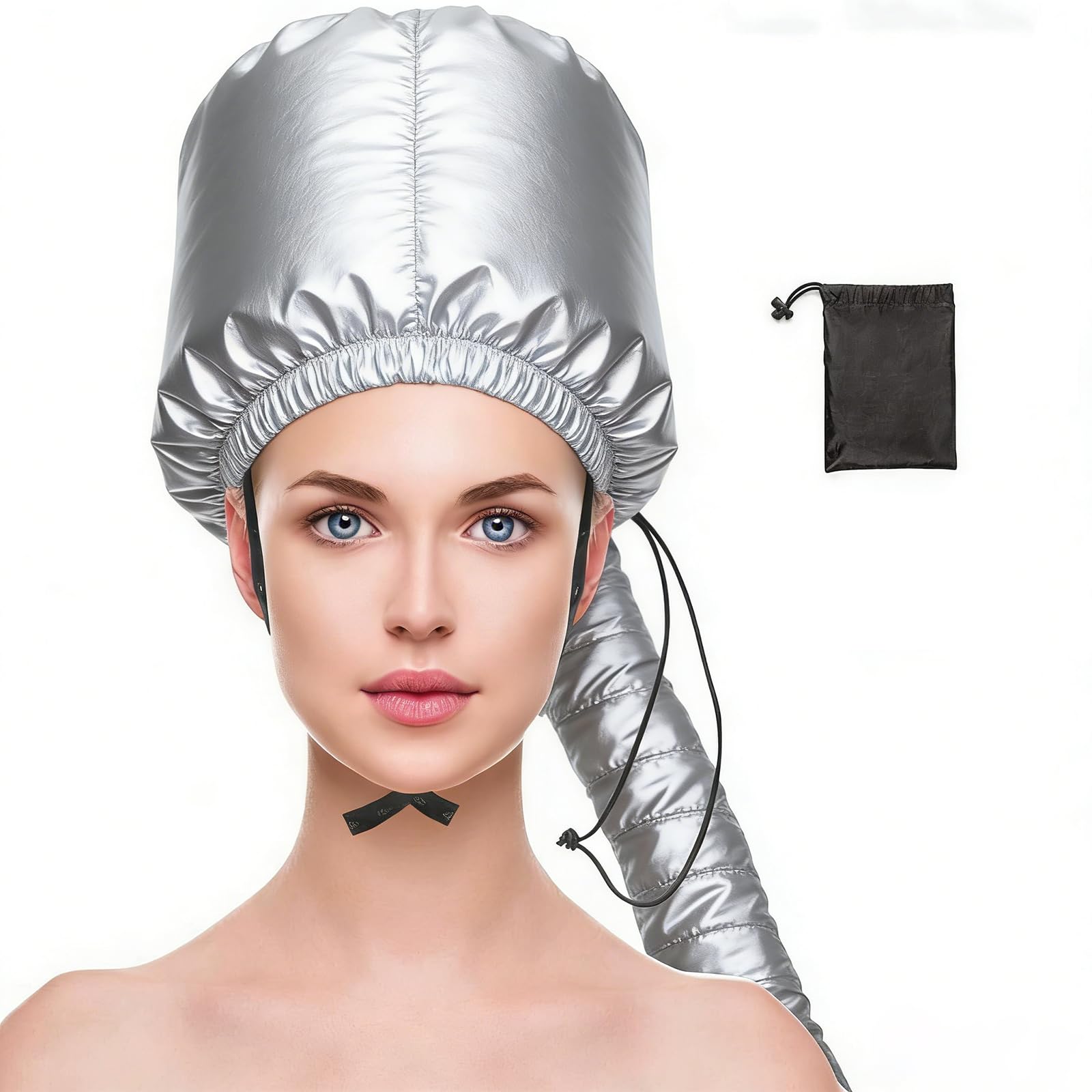 Bonnet for Curly Hair, Silver Hair Bonnet Dryer Set with Black Carry Bag, Hands-Free Drying Cap for Deep Conditioning Treatments, Portable Hair Drying Bonnet for Curly Hair Professionals and Home Users