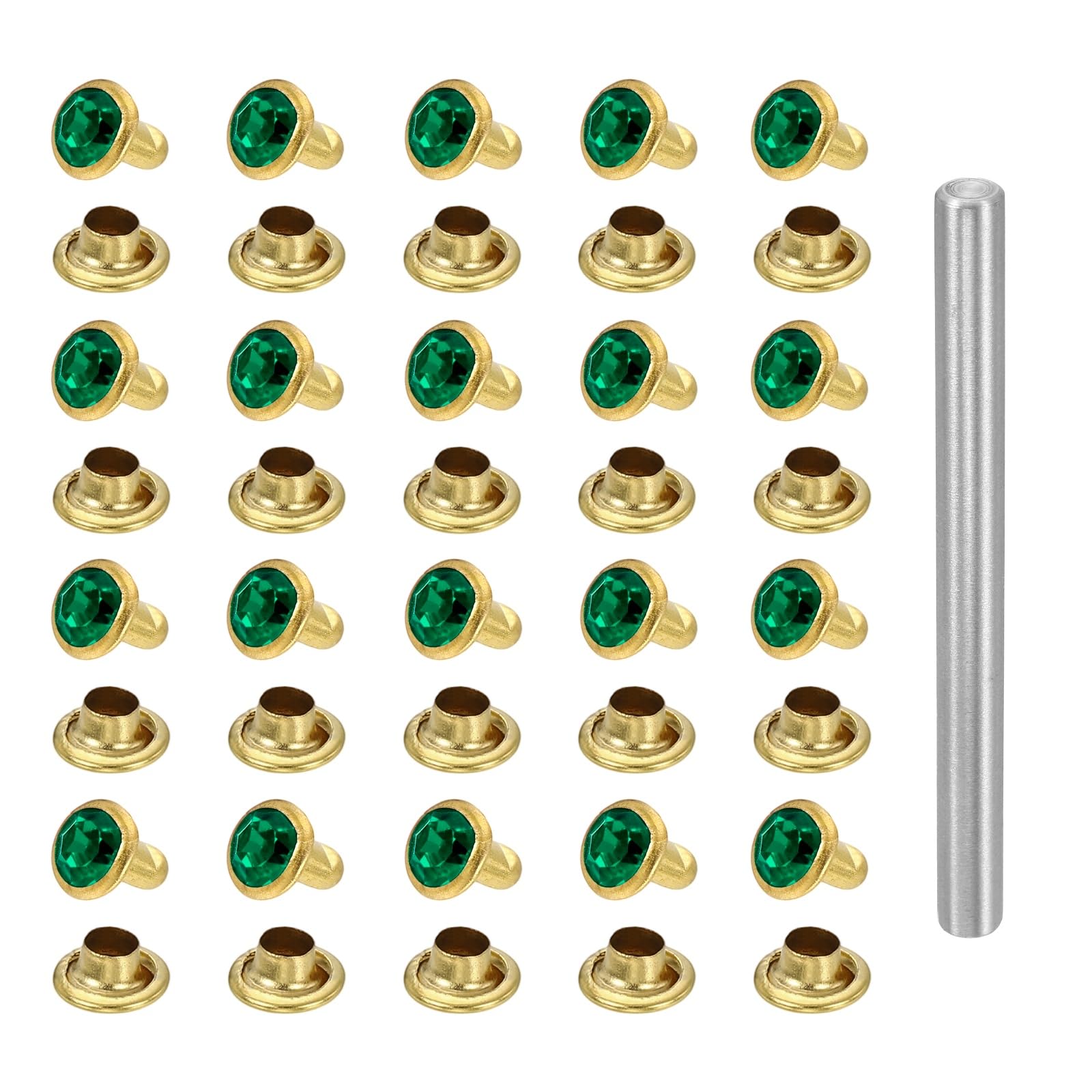 sourcing map 100pcs Crystal Rivets 6mm Rhinestone Rapid Stud Rivets with Steel Installation Tool for Clothing Leather Fabric Arts Decoration DIY, Gold Green — image 1