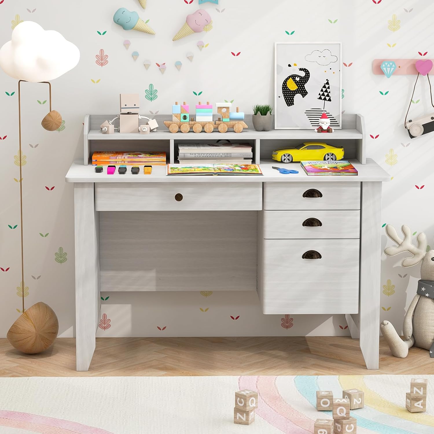 Safeplus 48" Computer Desk with 4 Storage Drawers and Hutch Wood Executive Table for PC Laptop