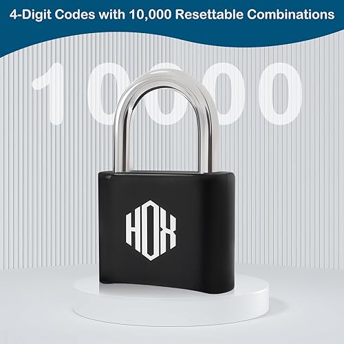 Miniatura 6 de HOX Candado de combinación de 4 dígitos para exteriores, cerradura de casillero resistente con grillete de acero endurecido, cerradura combinada