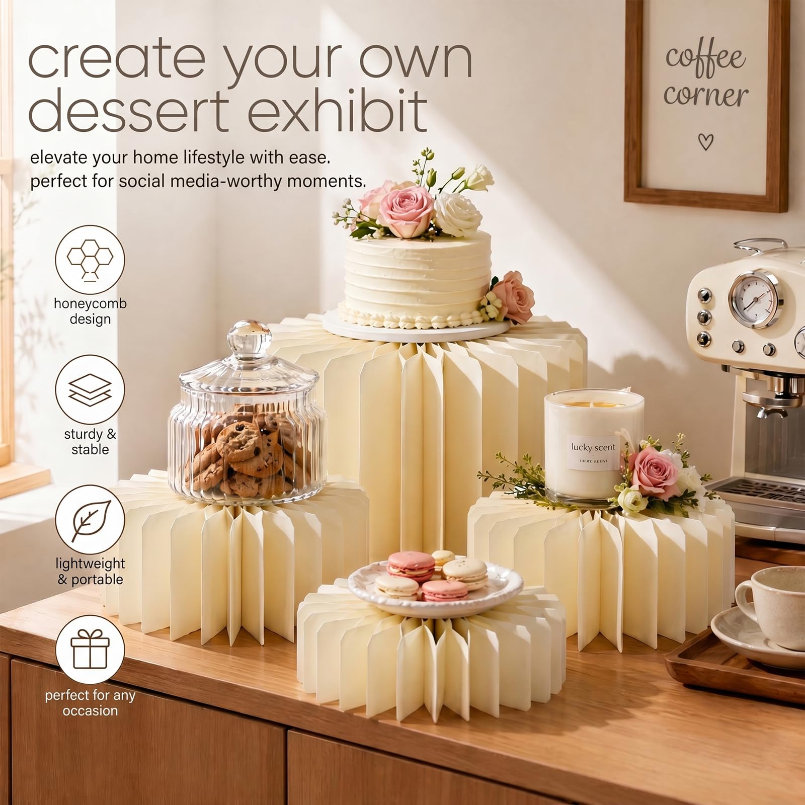 Gohytal Juego de 5 Columnas Decorativas de Cartón de 10/15/20 cm, Elevadores de Buffet Apilables Soporte para Tartas Reutilizable para Bodas Cumpleaños Comuniones Exposiciones y Navidad