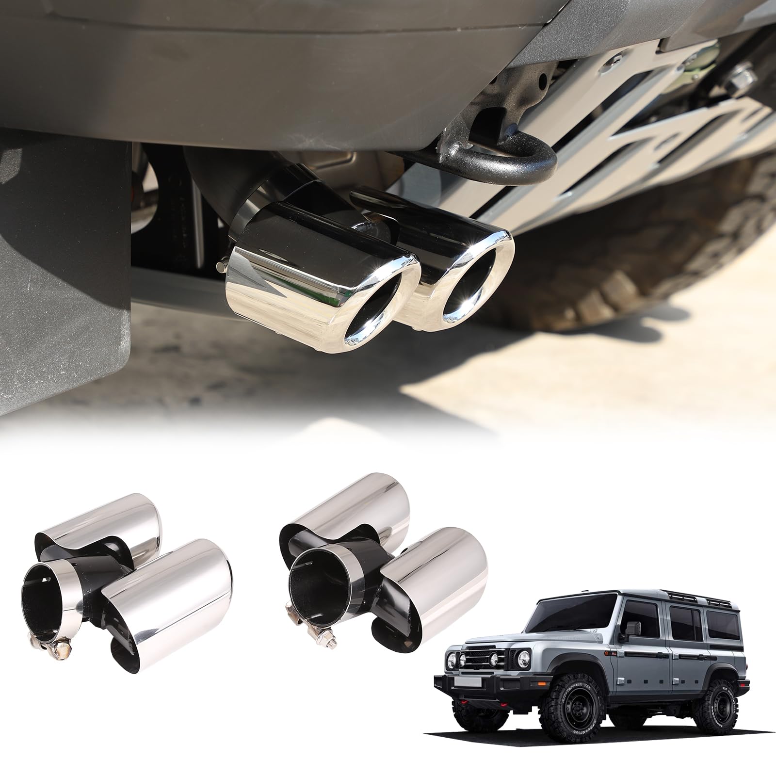 Quad Staggered Gloss Exhaust Tip Compatible with Ineos Grenadier 2020-2024 Stainless Steel Car Exhaust Tip Decorative Accessories Polished