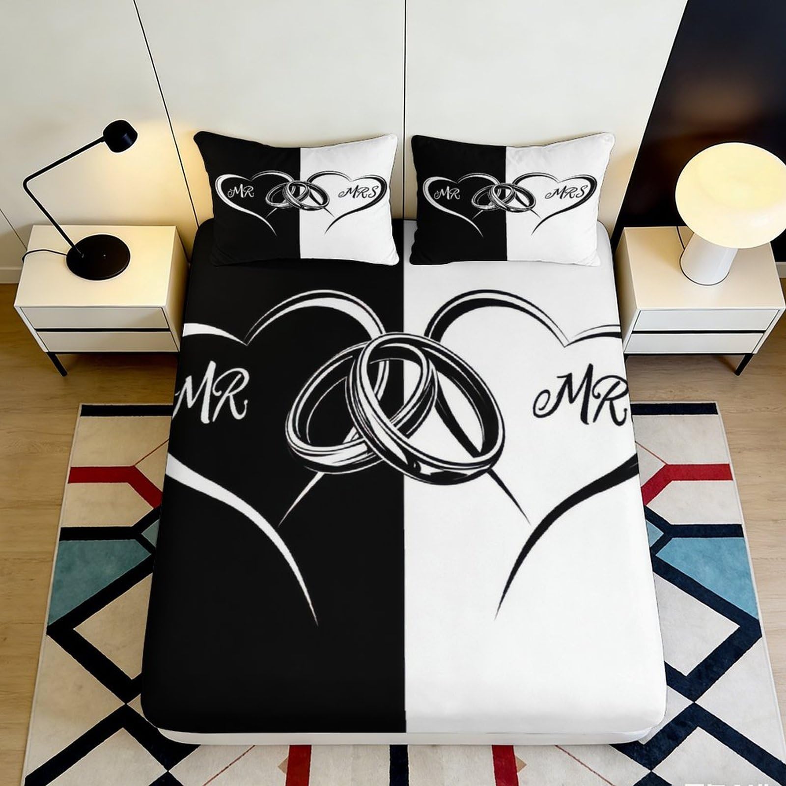 3D Printed Couple Ring Heart Pattern Fitted Sheet Microfiber Deep Pocket Bedroom Bedding Full Wrap Couple Mattress Fitted Cover 200x200x25cm