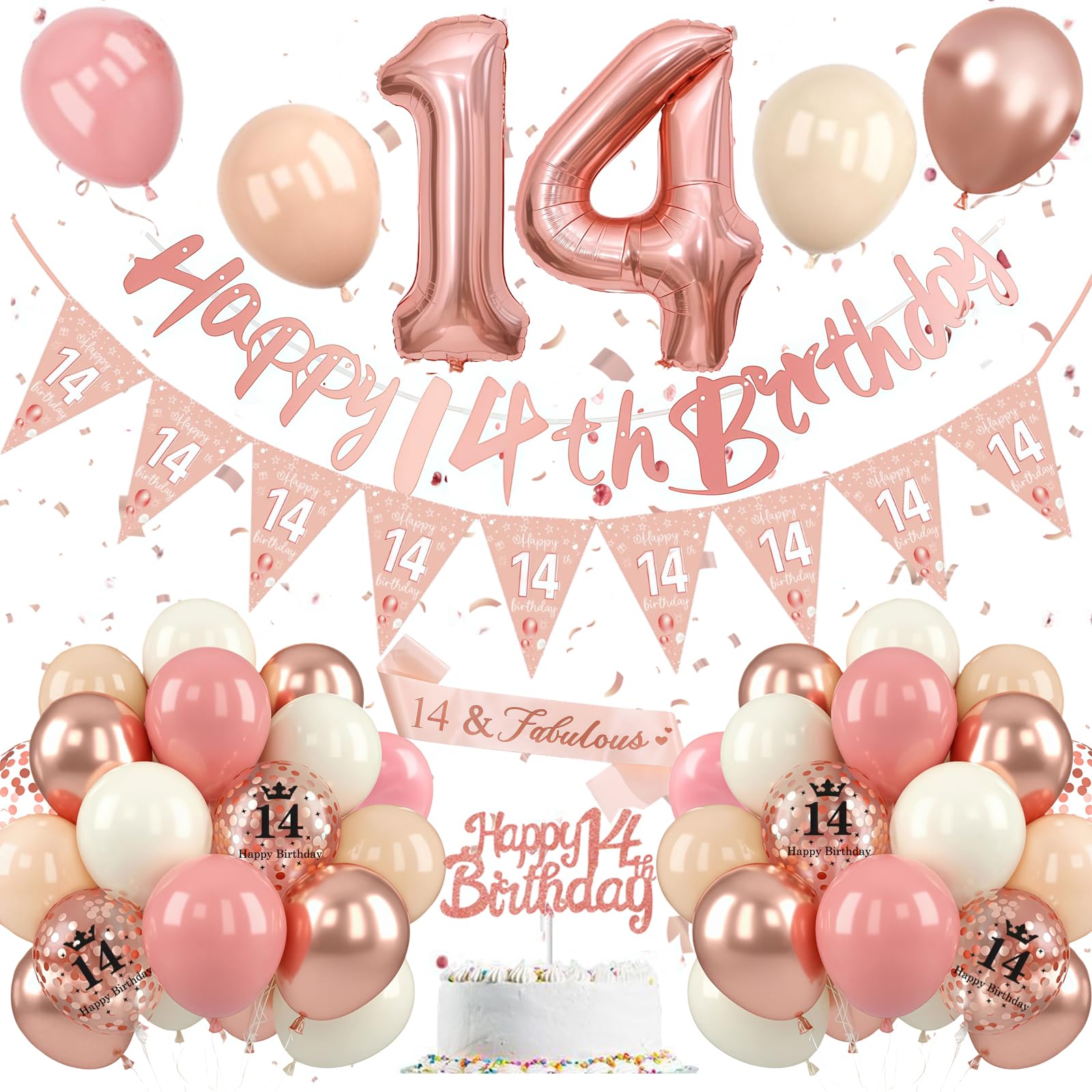 14th Birthday Decoration Rose Gold, 14th Birthday Decoration Set Pink White, 14th Birthday Decoration, Number 14 Balloons with Banner Cake Topper for Girls, 14th Birthday Party Decorations