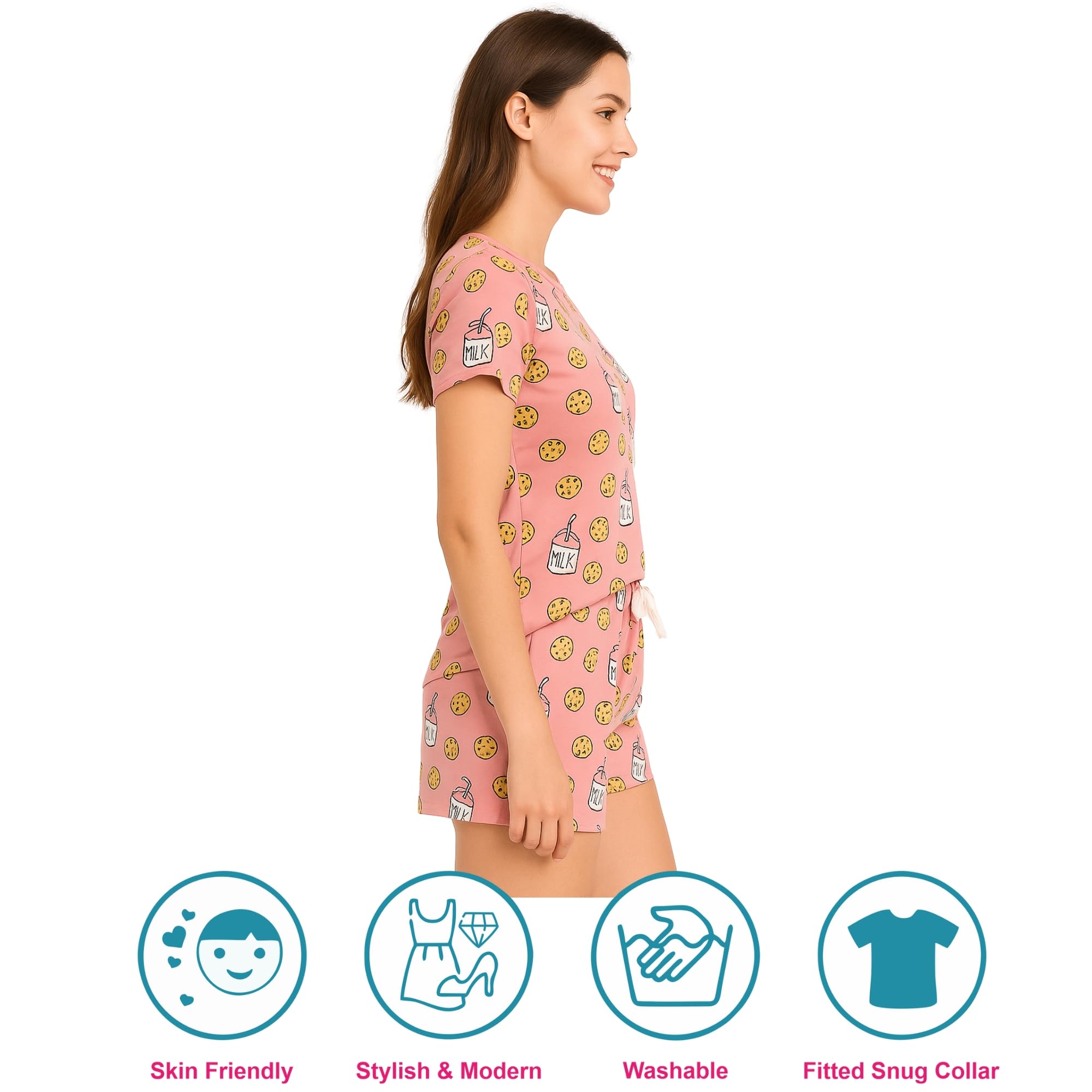 Hestia Cotton Night Suit for Women | Sleep Wear | Night Wear Dress Set with Shorts and Top/T-Shirt | Breathable Fabric | Shrink Free Material | Cookies Printed | Pink | Small | Set of 1 - Image 3 thumbnail