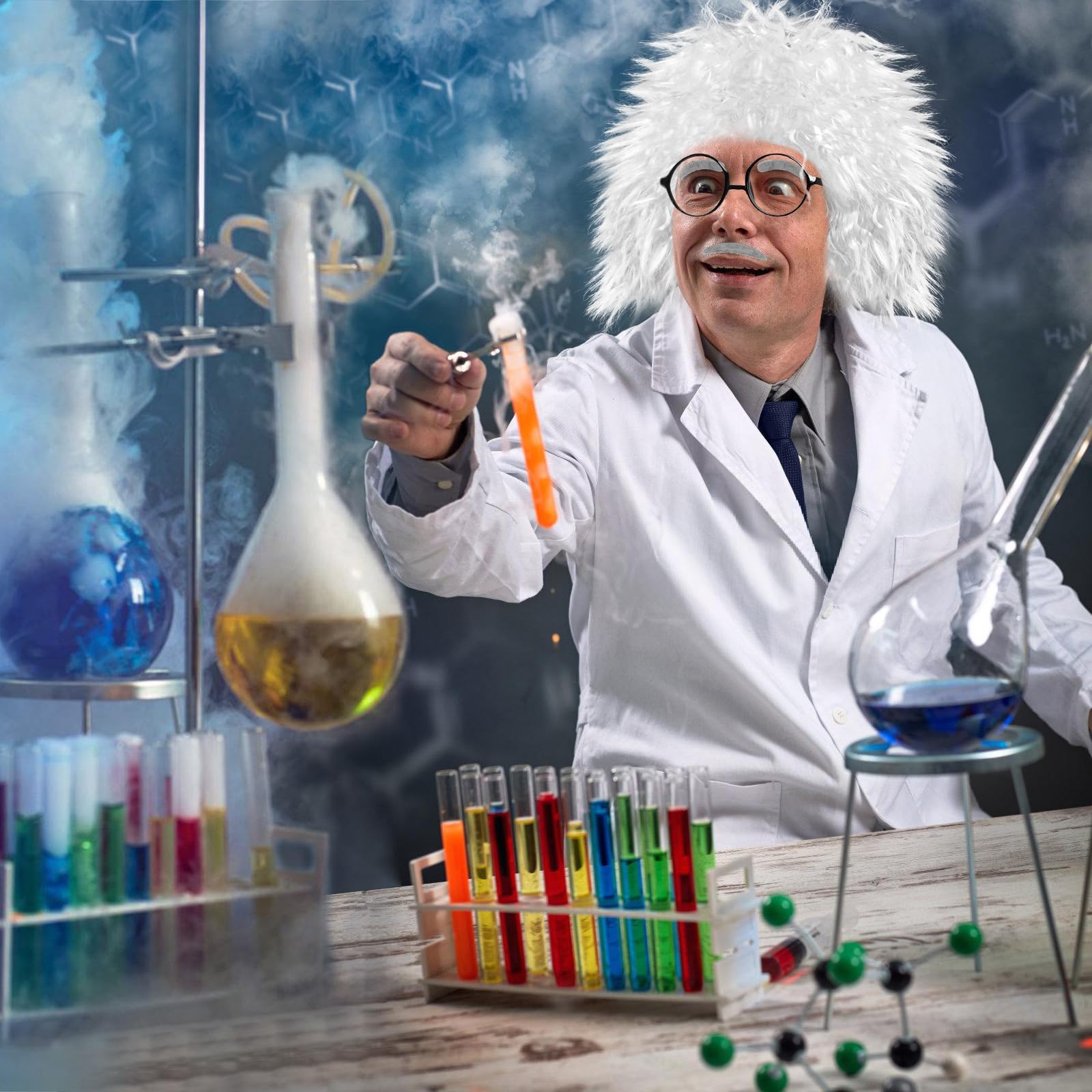8-teiliges verrücktes Wissenschaftler-Kostüm für Erwachsene, Halloween, Albert Einstein Kostüme, verrückter Wissenschaftler, Perücke, Laborkittel