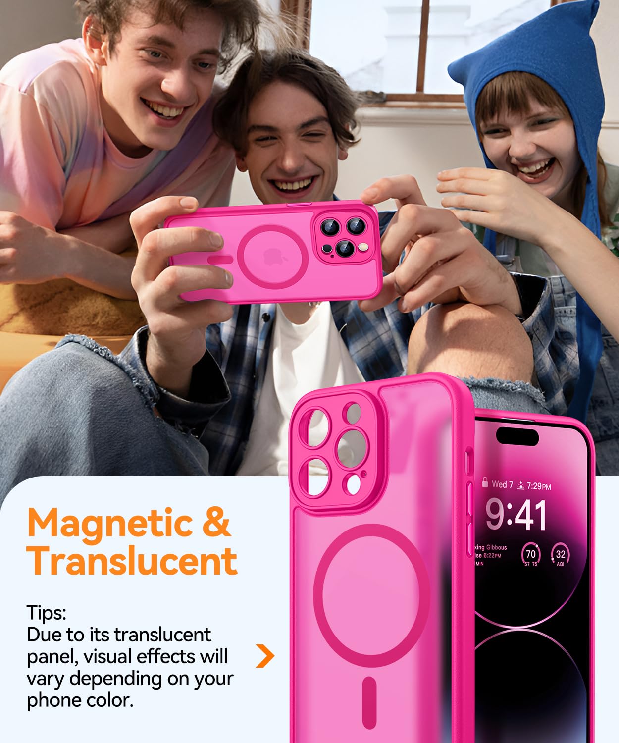 CANSHN Cover Magnetica per iPhone 14 Pro(6,1 Pollici), Compatibile con MagSafe, [Protezione Completa Della Fotocamera], Custodia Traslucida Opaca Protettiva Sottile Antiurto,Rosa Calda