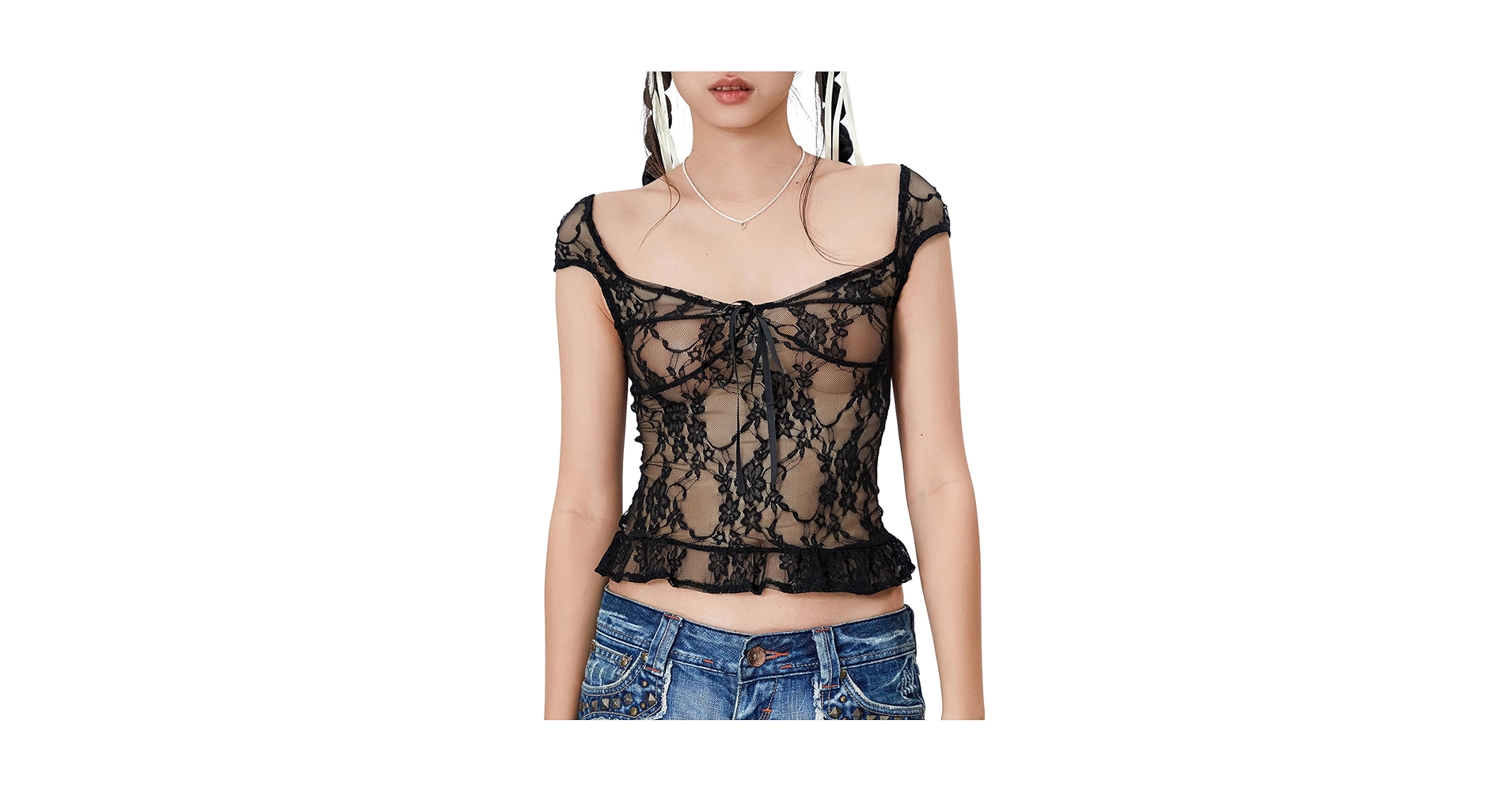 【Eaphi】 SHEER LACE ASYMMETRY CUT TOPS SHEER LACE ASYMMETRY CUT TOPS