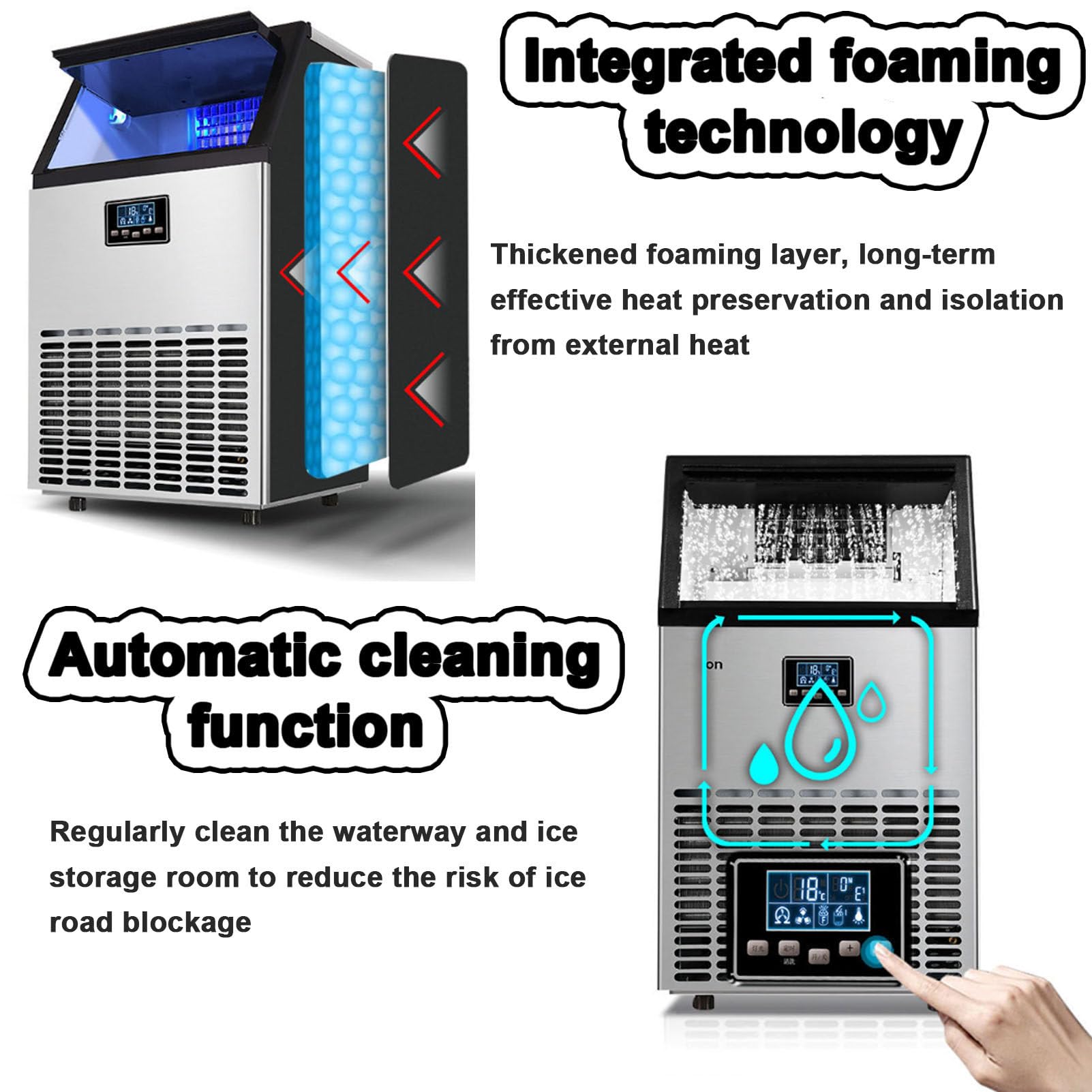 Máquina de hielo comercial, máquina para fabricar hielo industrial, máquina de cubitos de hielo de acero inoxidable independiente con capacidad de almacenamiento de hielo de 15 kg, para bares,55KG/24H