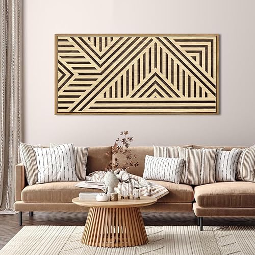 Miniatura 2 de Anyzal Arte de pared de madera grande y pesado 3D grabado en madera con geometría enmarcada, decoración de pared bohemia para baño, sala de estar,