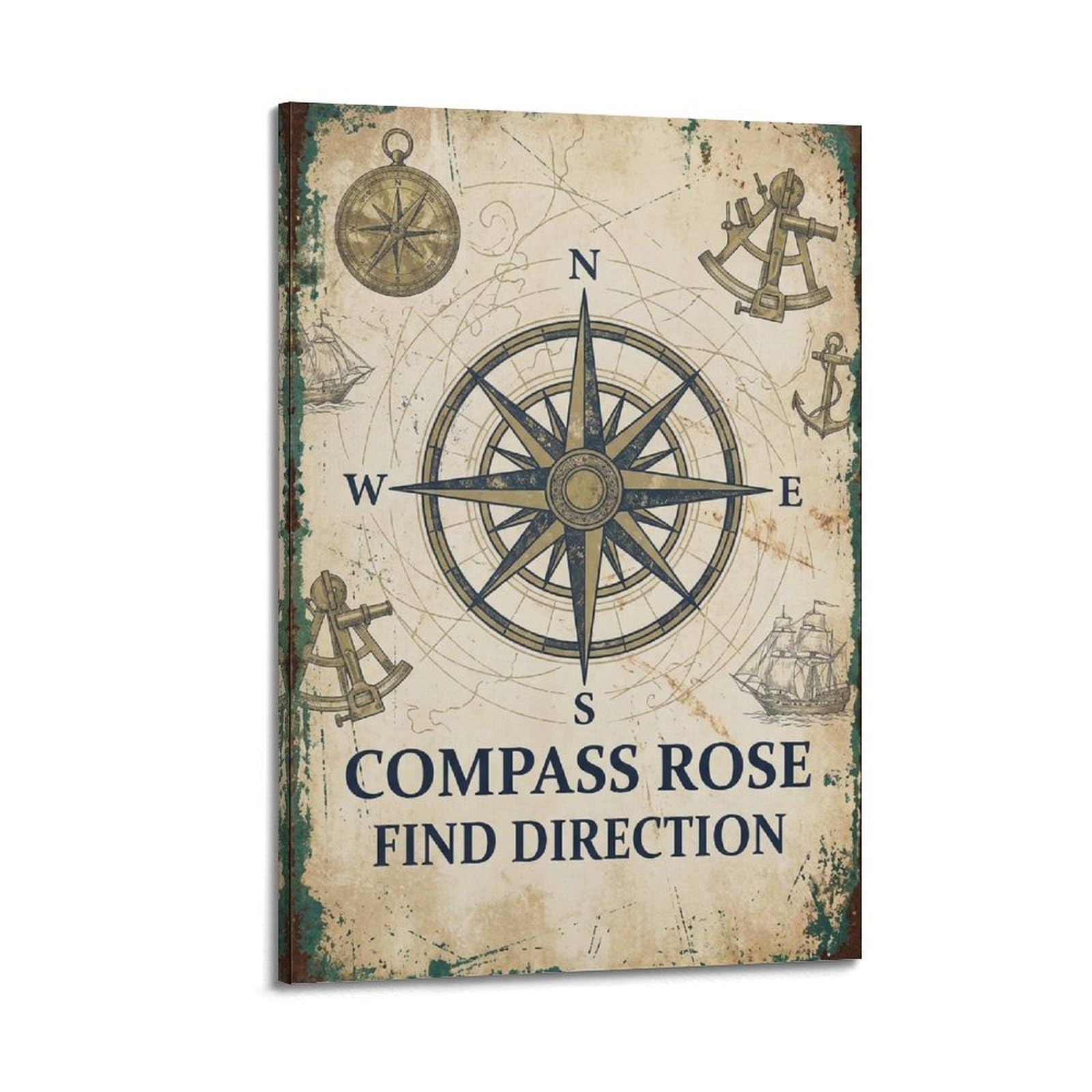 OKAHYS Nautical Compass Rose Illustration Poster Ocean Vintage Modern Decorative Canvas Prints - Ideal Wall Art for Family, Man Cave, Game Room, Boys & Girls Bedroom 16x24inch