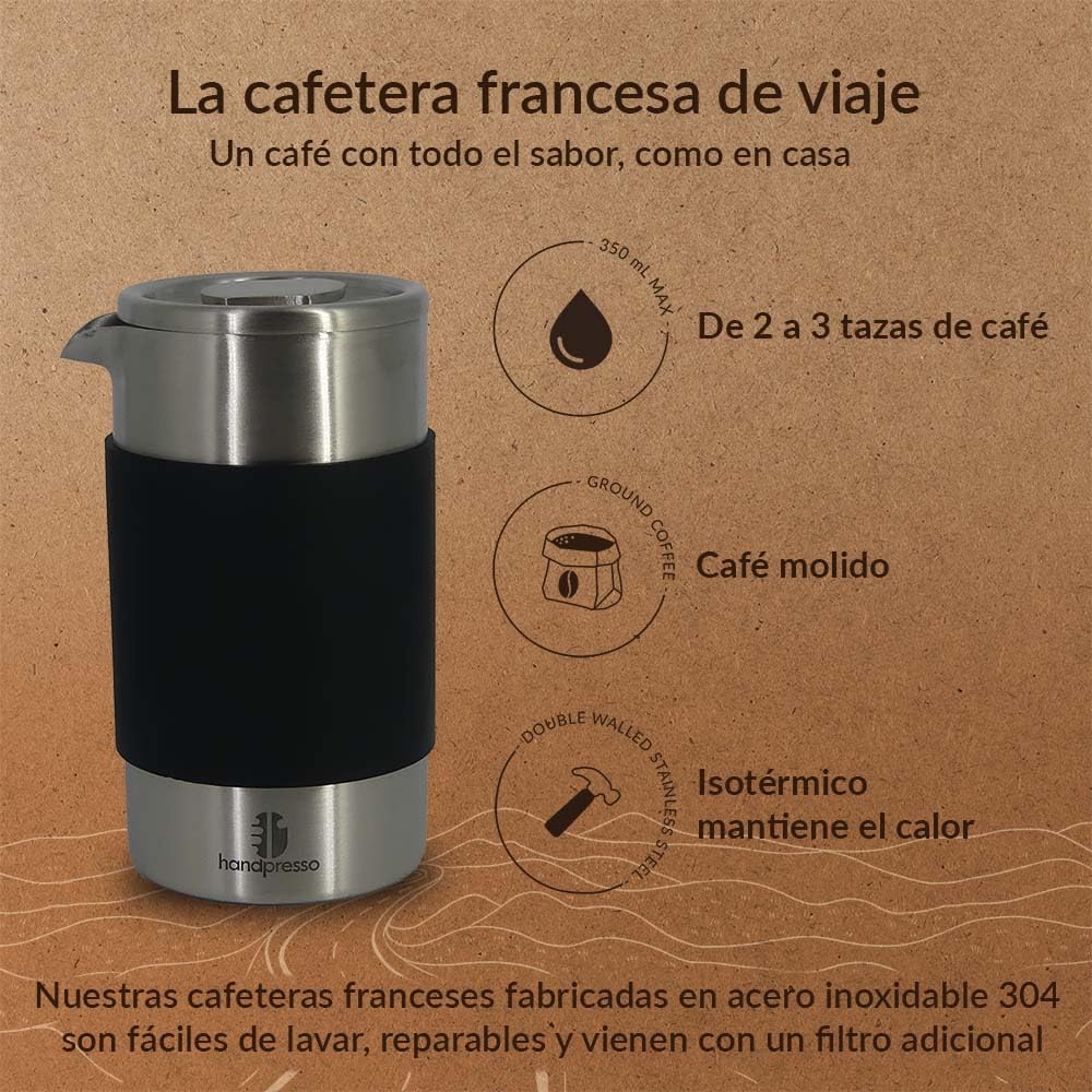 Handpresso cafetera francesa Travel press | Prensa francesa de viaje thermo inox con estuche | french Press 0,35L (2-3 tazas) con recipiente café molido