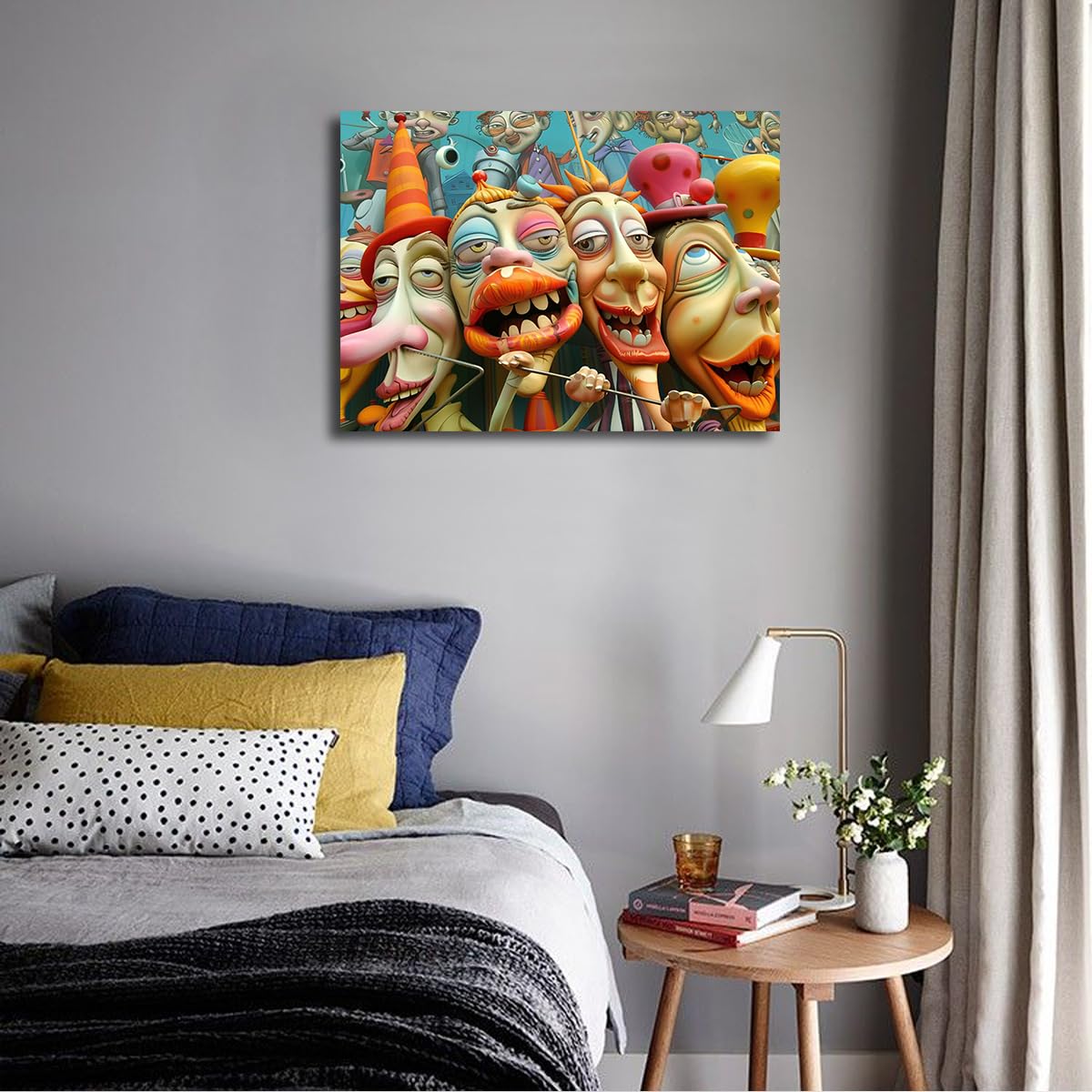 CHERHERART Toile de dessin animé surréaliste Art mural Visages fantaisistes exagérés Affiches imprimées Pop Art Fantasy Tableau vibrant pour salon 87x118cm Sans cadre