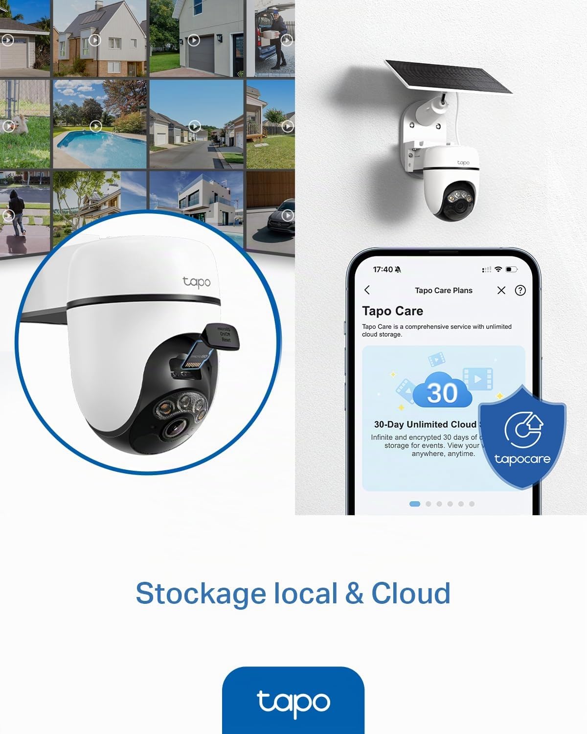 Tapo C610 Kit 2K 3MP Caméra WiFi Extérieur sans Fil Panneau Solaire 360° PTZ Surveillance Batterie 6700mAh Détection Humaine Vision Nocturne Couleurs Suivi AI IP65
