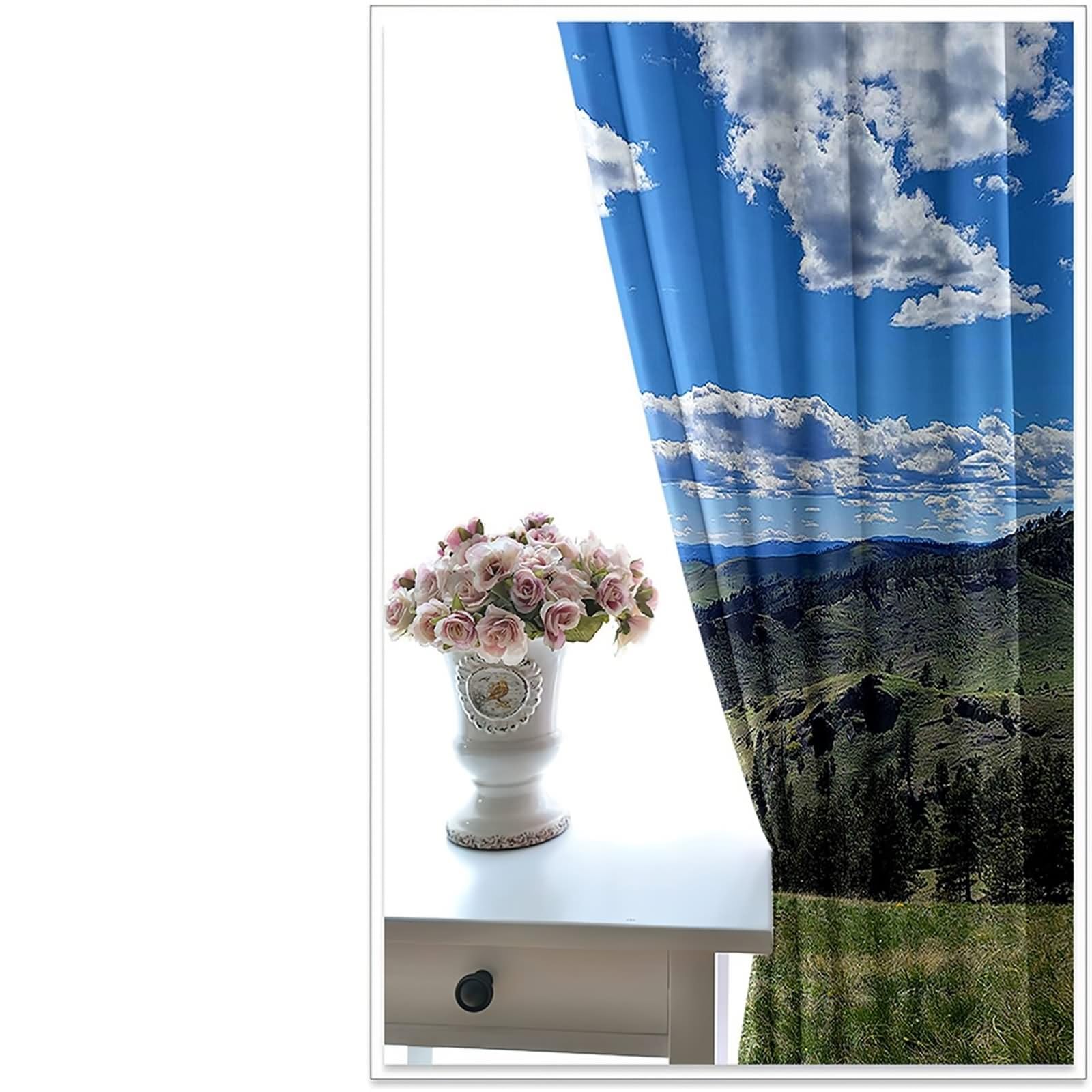 Czeska zasłona okienna, zasłona zaciemniająca niebieski biały zielony słoneczny krajobraz górski poliester 2 panele 468 x 214 cm