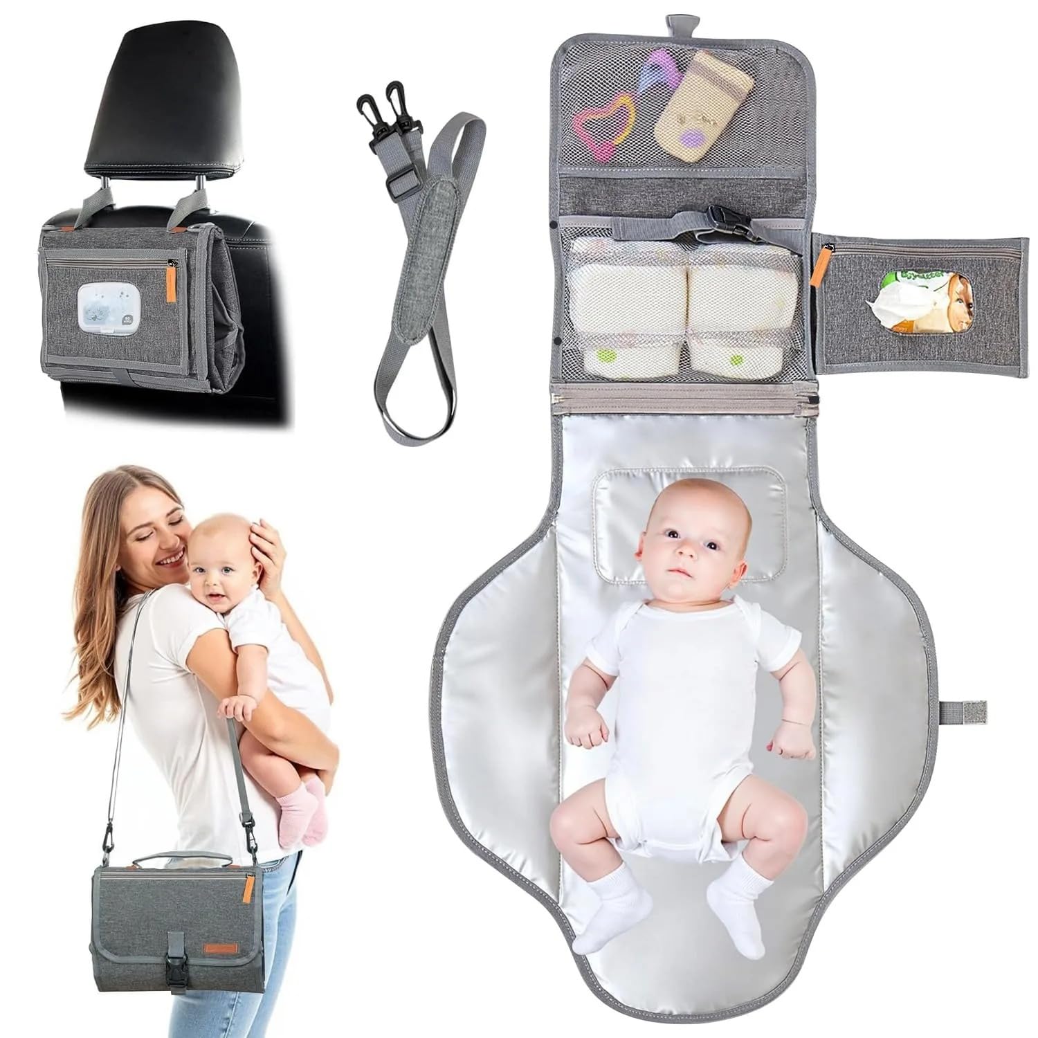 Portable Baby Changing Pad with Wipes Pocket, Waterproof Travel Baby Changing Mat, Foldable Portable Diaper Changing Pad Bag with Storage Pockets, Memory Foam Cushion for Nappy Changes