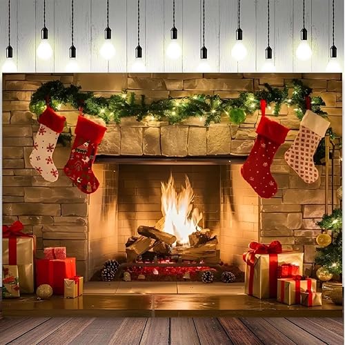 Miniatura 2 de Fondo de chimenea de Navidad de 7 x 5 pies, estufa de pared de ladrillo de leña de invierno, medias de Navidad, regalo de celebración, fotografía,