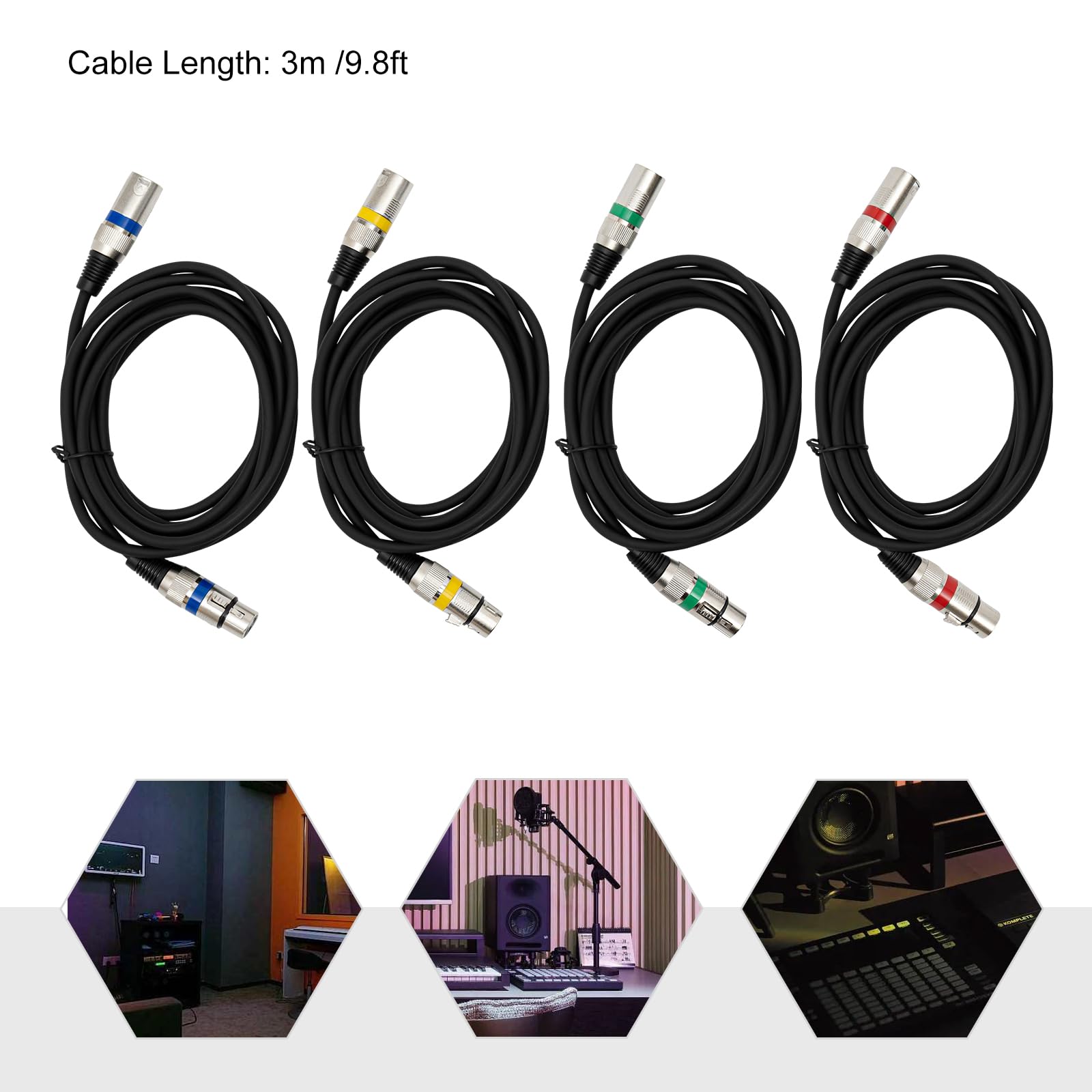 Zestaw 4 kabli Dmx 3 m, 3 piny, XLR, 3-biegunowy kabel połączeniowy Dmx, kabel sygnałowy Dmx, przyłącze sygnałowe, armata do sterowania światłem DMX, reflektor sceniczny, kolor czarny