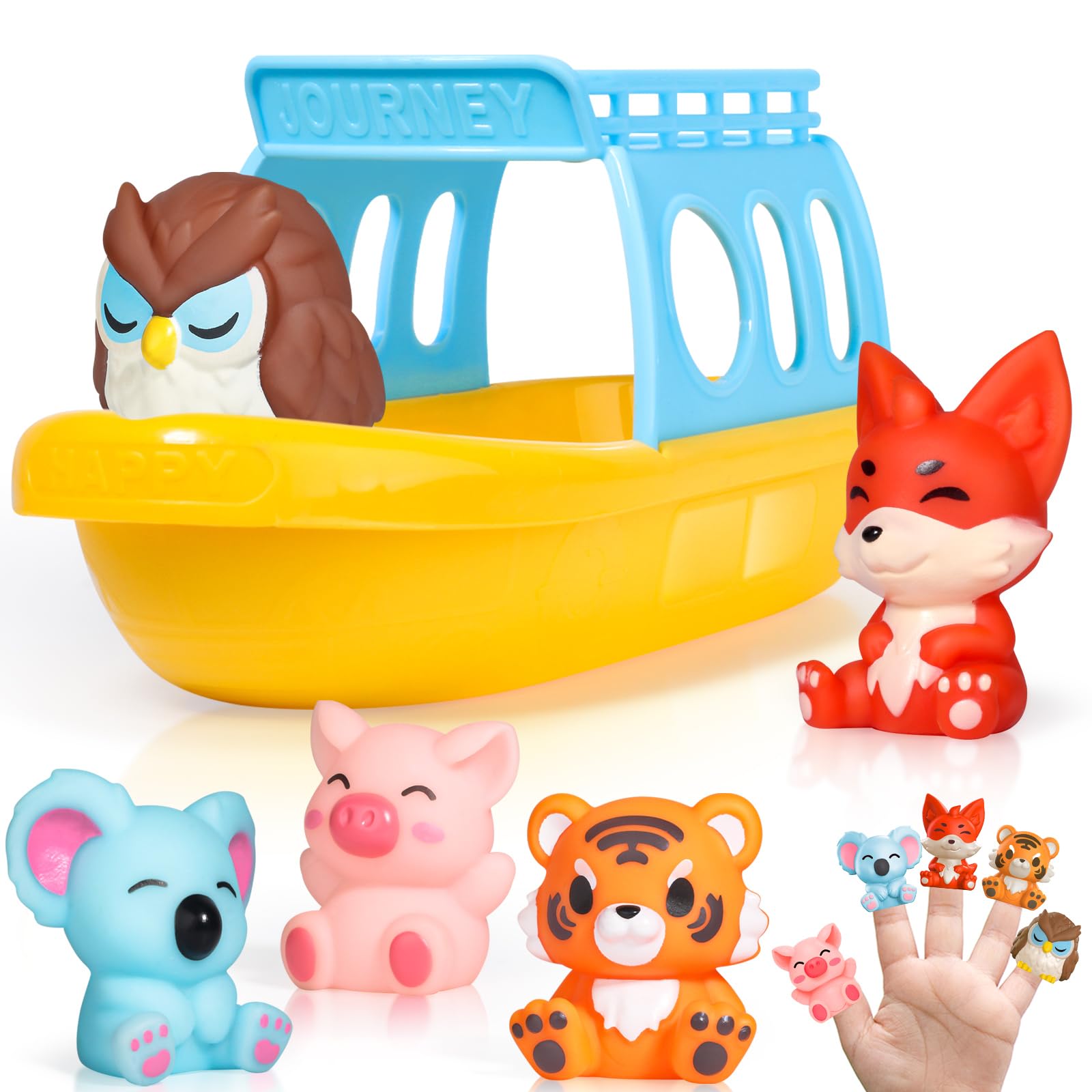 Oriate Bath Toys for Kid, 1 Boat and 5 Silicone Animal Finger Puppets, Sensory Learning Toy Set in The Bathtub, Pool, Beach, Gifts for Kids Boys Girls 3 4 5 6 Year Old