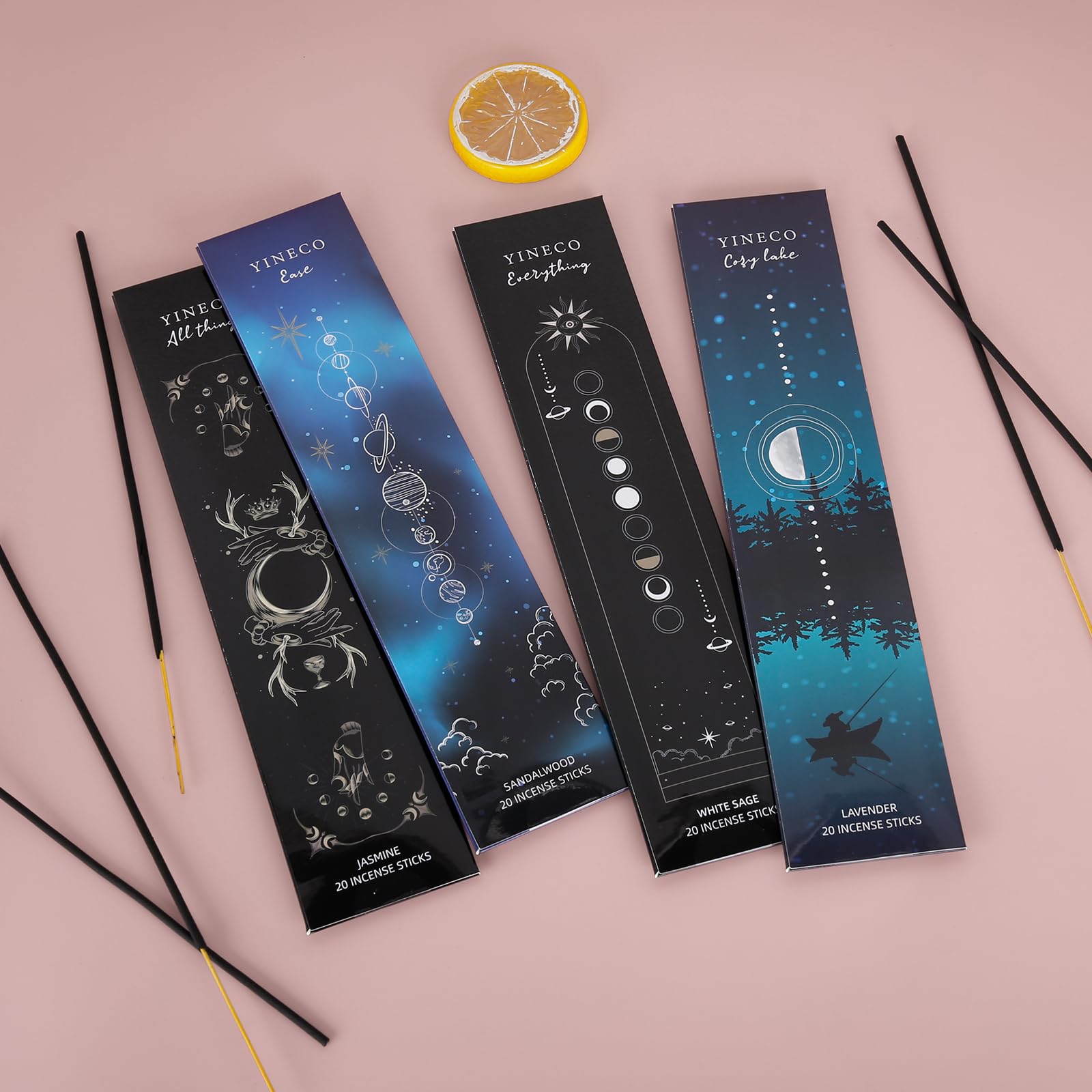 Räucherstäbchen, Räucherstäbchen, Geschenk-Set mit 4 Räucherstäbchen, weißer Salbei und Sandelholz, Jasmin, Lavendel, organische und langsam brennende Räucherstäbchen, 80 Stück, Schwarz
