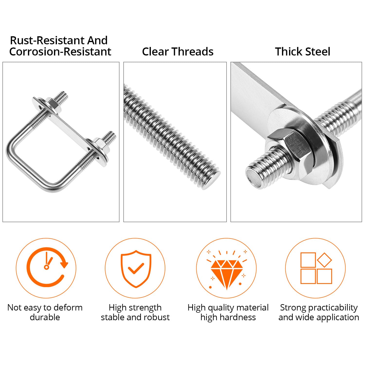 QWORK® Set da 2 bulloni a U in 304 acciaio inossidabile M8, U Bolt da 40x65 mm, capacità di carico elevata, con dado, piastra di fissaggio e rondella, per molteplici applicazioni
