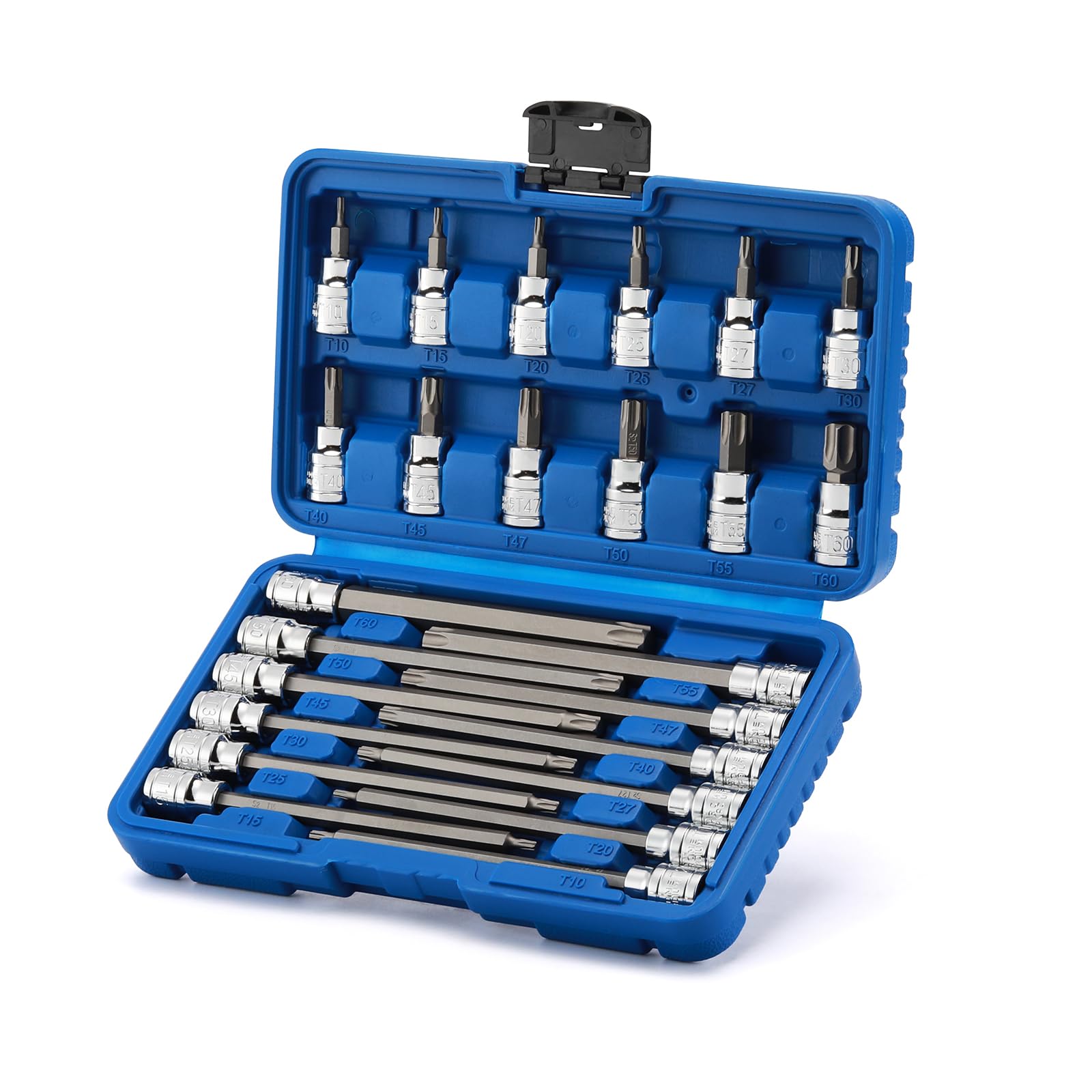 EMENTOL 3/8 Inch Drive Torx Bit Socket Set, Extra Long Star Bit Sockets, 24-Piece, Cr-V and S2 Alloy Steel, T10-T60