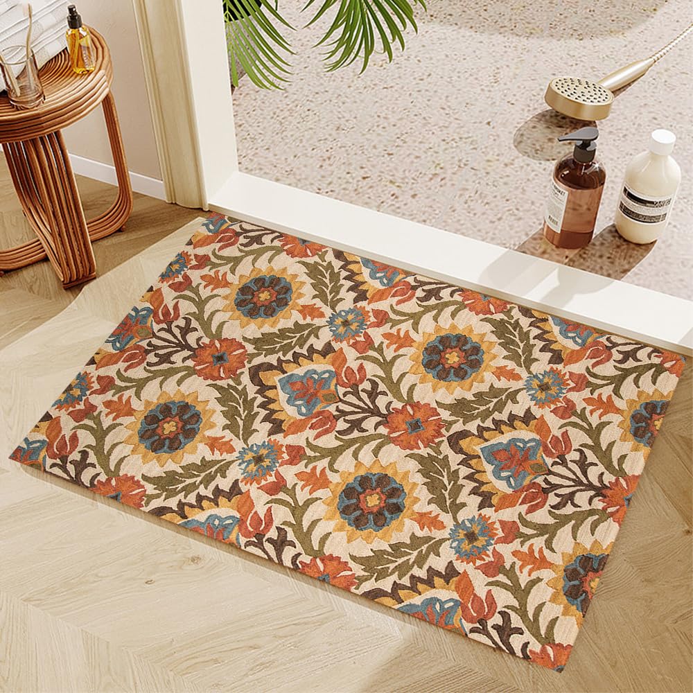 GUBIYU Vintage Floral Bathroom Rug Non Slip Boho Burn Orange Blue Green Runner Rug Machine Washable for Hallways Entryway Kitchen Bathroom Bedside