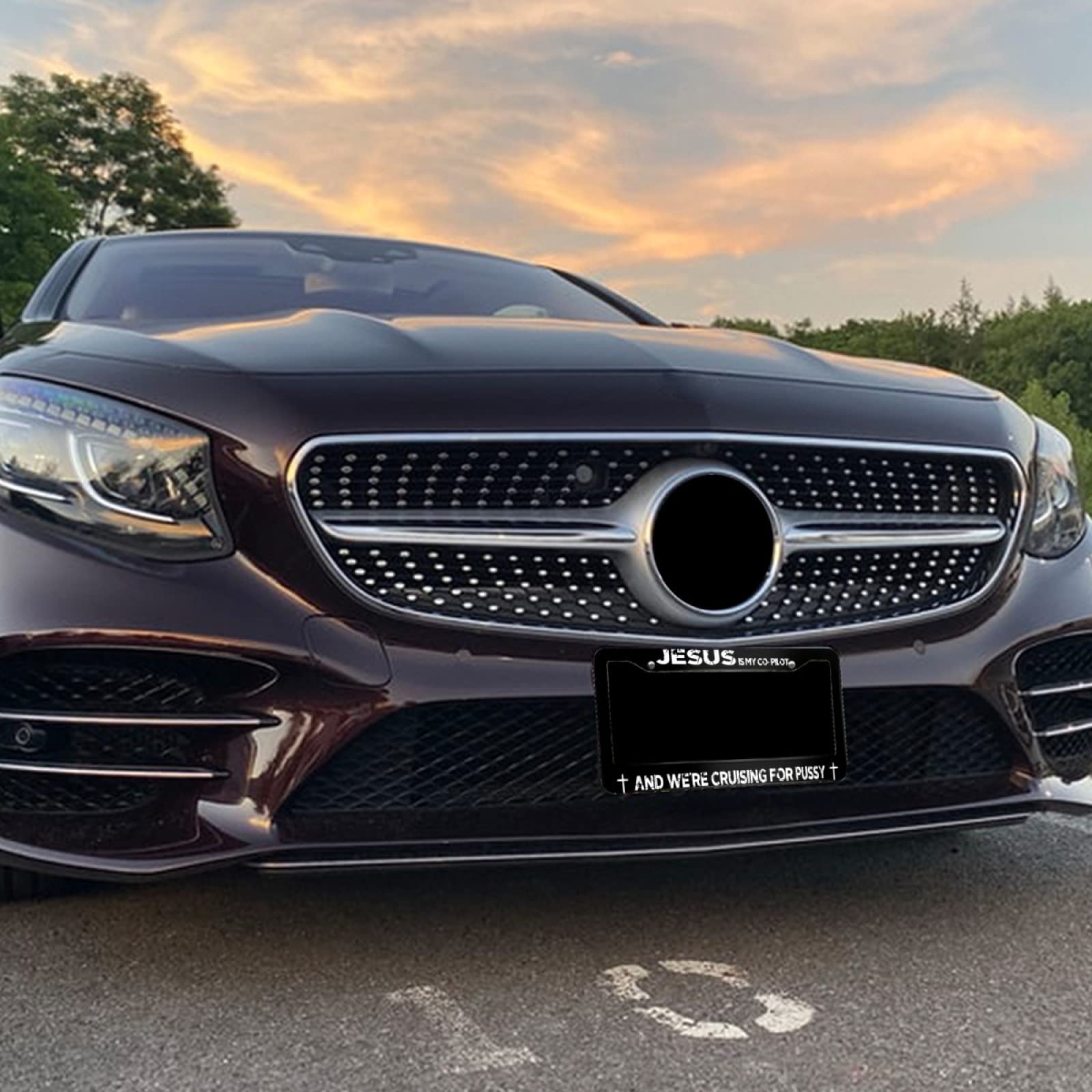 Funny Black License Plate Frame – 'Jesus Is My Copilot Cruising Pussy' – Universal Fit