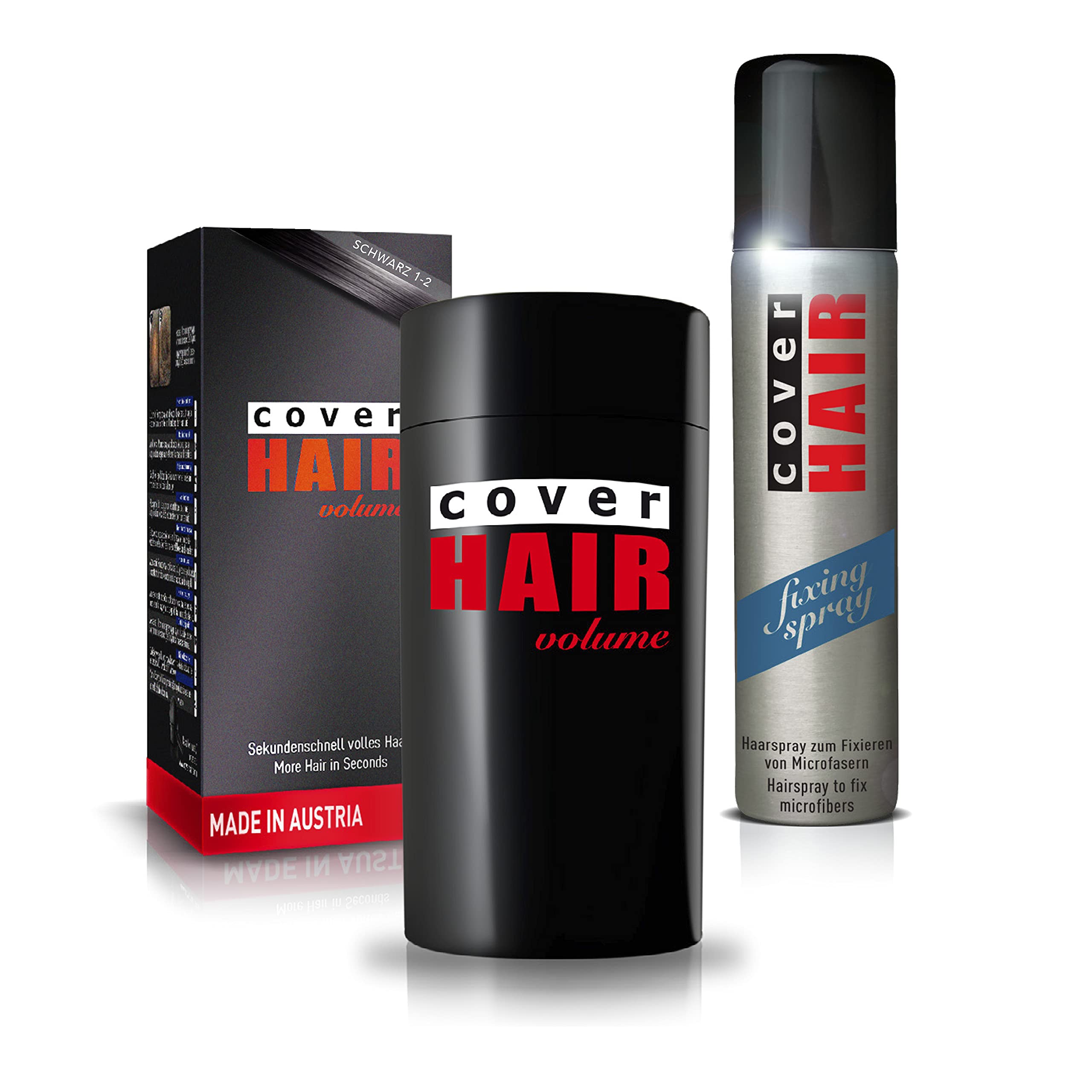 COVER HAIR - Zestaw startowy składający się z 30 g siwych włosów w kolorze czarnym i sprayu utrwalającego, 100 ml – do szybkiego zagęszczania włosów i kaszerowania włosów – ekskluzywny zestaw do pełniejszych włosów