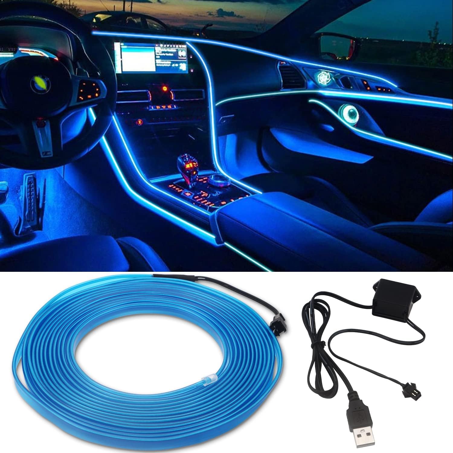El Wire Lights USB Neon Wire Blue 5M/16Ft Car Interior Lights Neon Tube