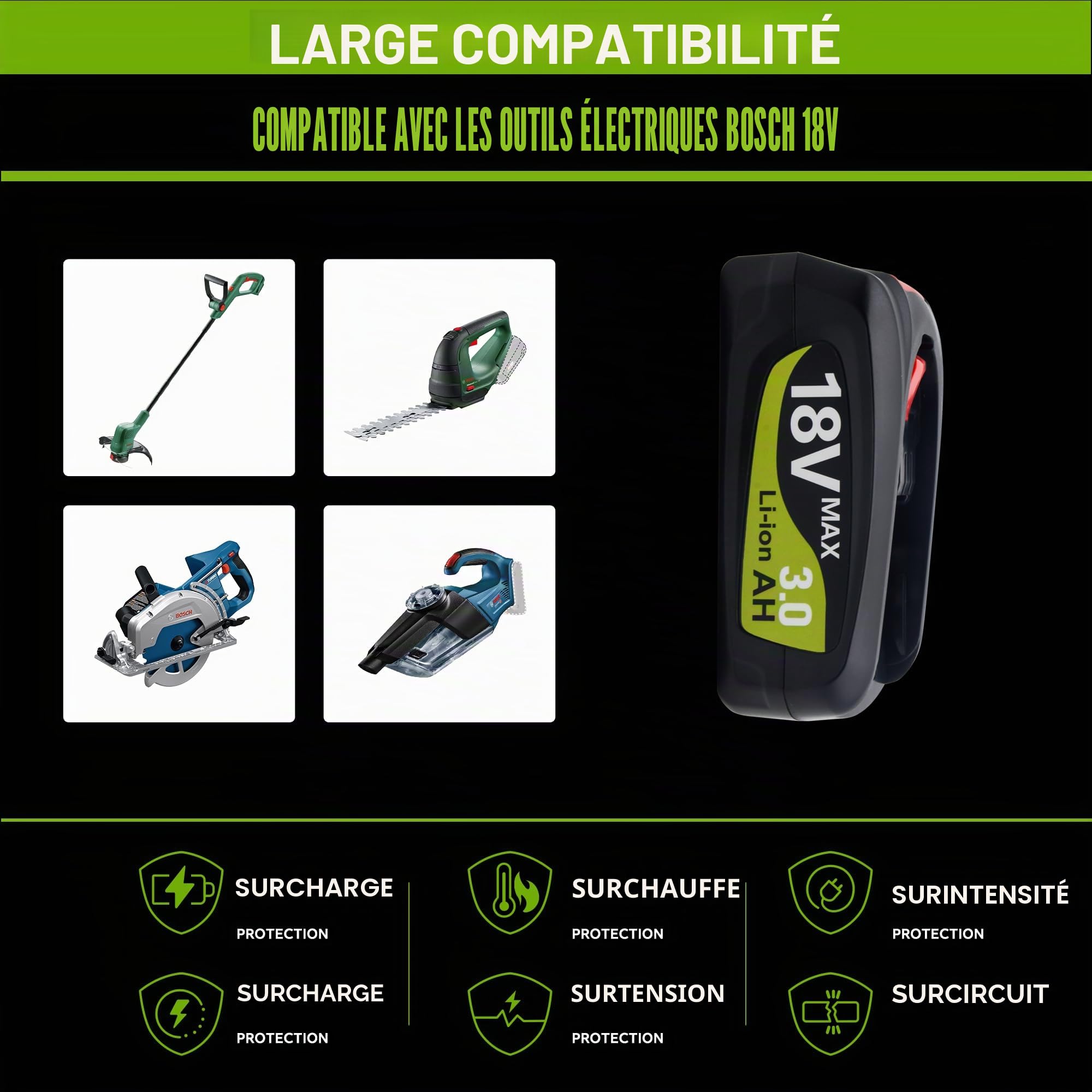Batterie d'alimentation Compatible avec Bosch 18V 3.0AH-PBA(Non Compatible avec GBA)