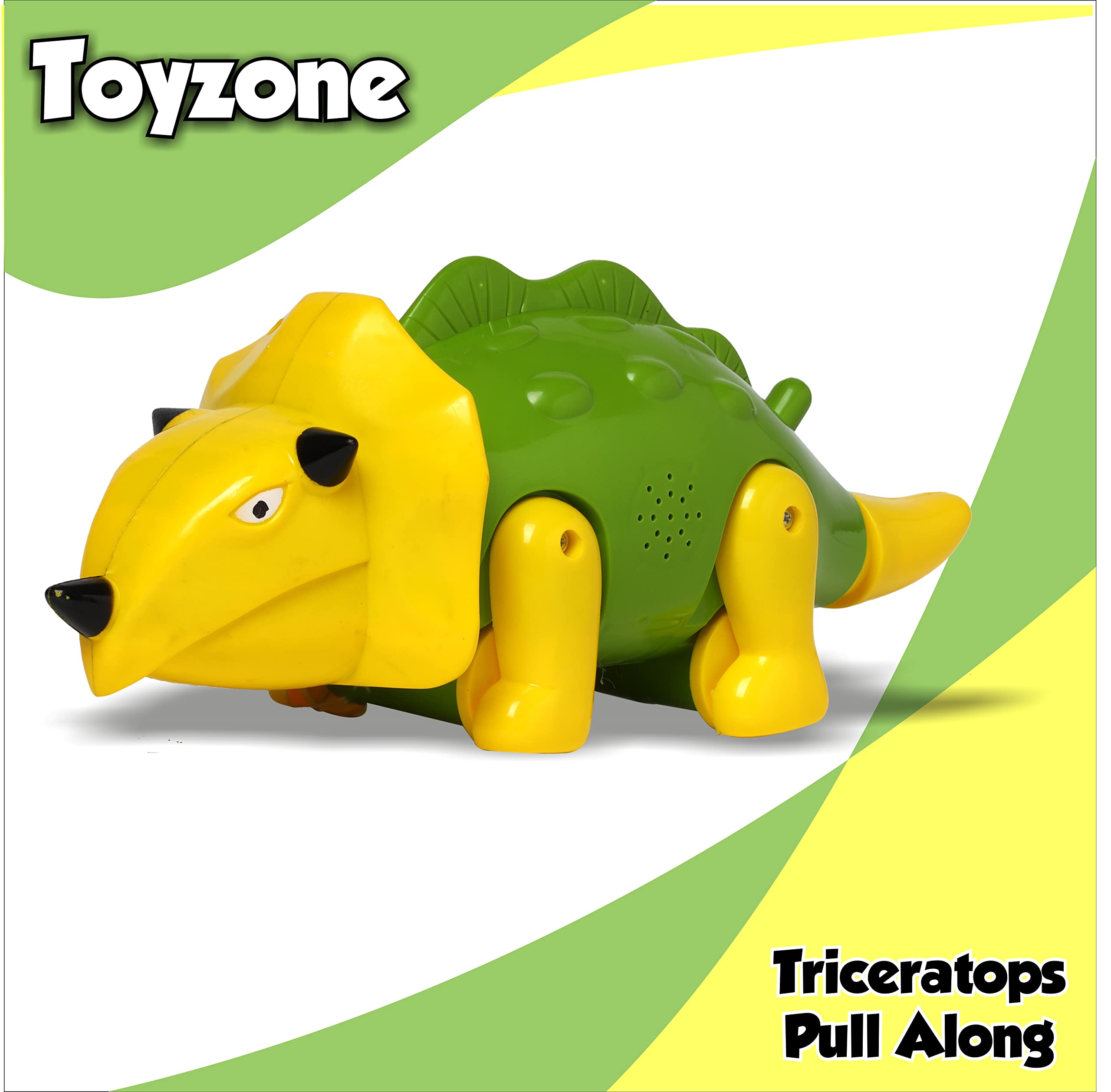 Toyzone Pull Along Triceratops Dinosaur | Plastic Pull Toy | Early Learning and Motor Skills Toys | Early Learning and Motor Skills Toy, 3Y+, Green & Yellow