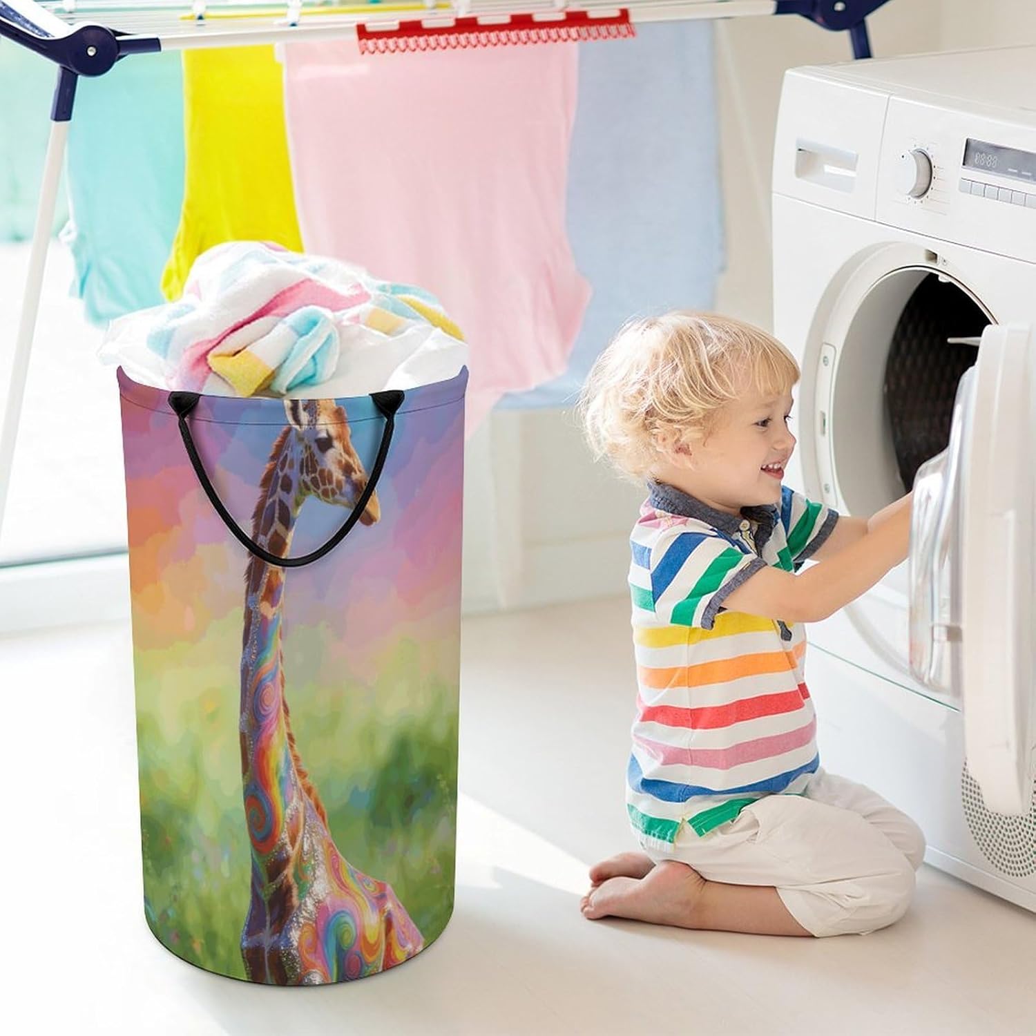 Colorful Artistic Giraffe Laundry Hamper 86L Waterproof Collapsible Clothes Basket with Double Handles Freestanding Foldable Laundry Basket Large Clothes Hamper for Bathroom