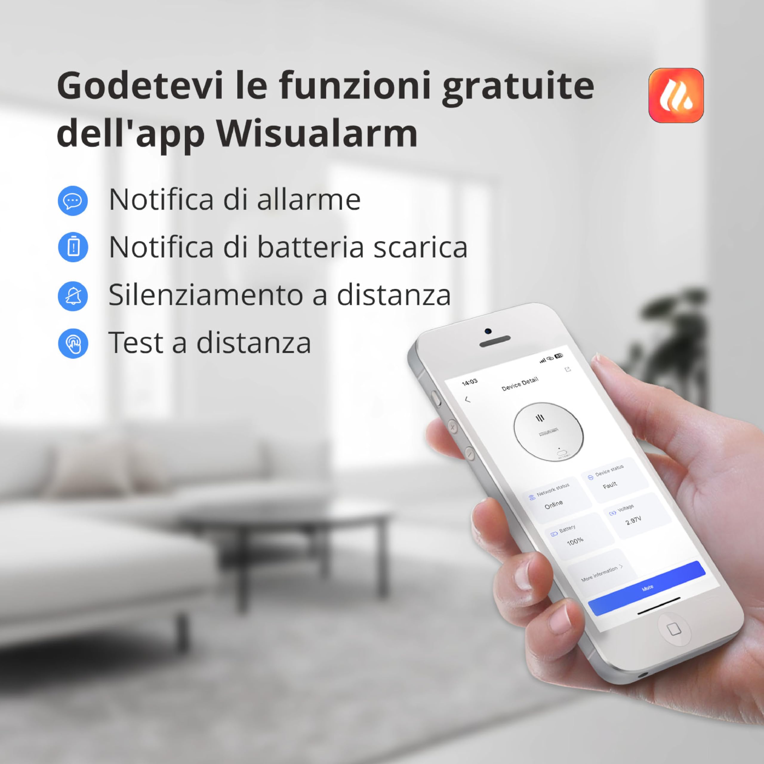 Rilevatore di Fumo WiFi, Rilevatore Fumo Wi-Fi Intelligente con App Wisualarm, Allarme Fumo con Batteria Sostituibile, Rilevatore di Incendio Conformi a EN14604
