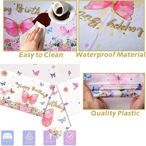 Miniatura 3 de 3 manteles de mariposa de feliz cumpleaños, decoración de fiesta de cumpleaños de mariposa para niña, 108 x 54 pulgadas, cubierta de mesa de