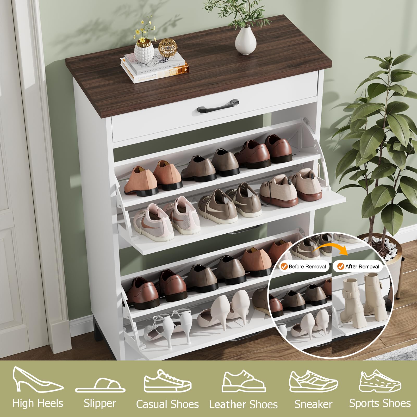 Jocoevol Schuhschrank, Schuhkipper mit 2 Klappfächern & 1 Schublade, Schuhkommode mit Metallbeinen für Flur & Eingangsbereich, platzsparend & modern (Weiß, 60x24x95cm)
