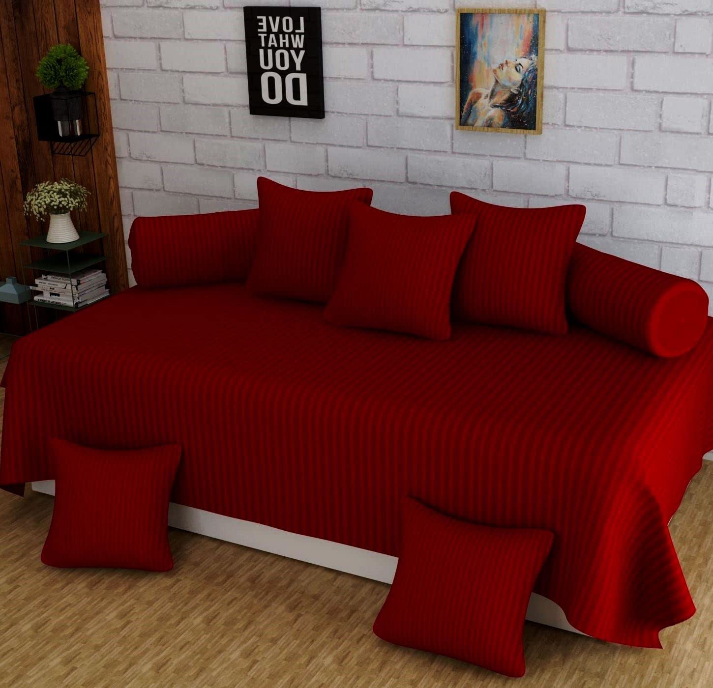 210 TC Cotton Satin Glace Stripes Diwan Set Covers Set of 8 Pcs, One Single Bedsheet with 5 Cushion Covers and 2 Bolster Covers, King Size, 60x90 Inches - Mehroon-image-5