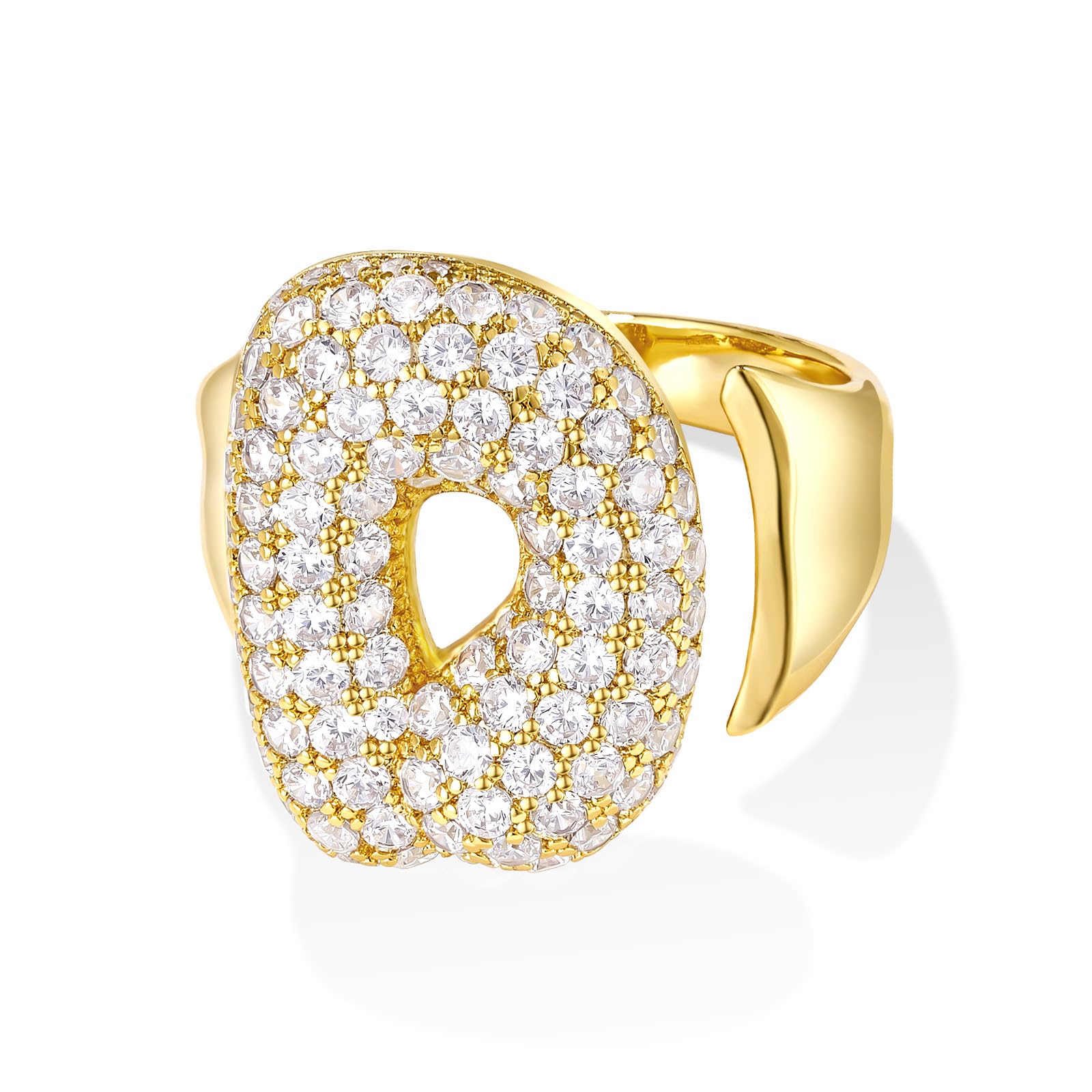 KissYan Bubble Initial Ring Valentines Day Gifts for Women, 14k Gold Plate Balloon Jumbo Letter Rings Open Adjustable Dainty Pave CZ Personalized