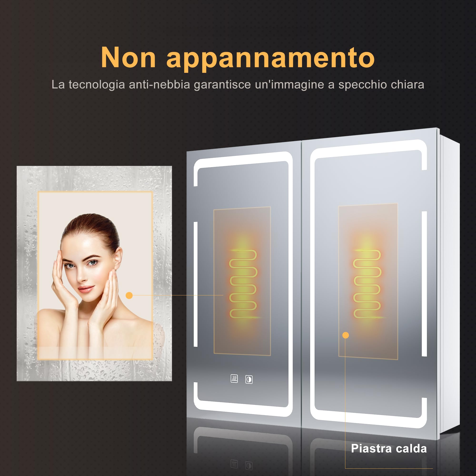 SONNI Armadietto Specchio Bagno con Illuminazione, 3 Colori Luce Regolabile Antiappannamento LED, Mobile Bagno con Specchio Verniciato Ferro a Singola, Design Armadietto Medicina,59x60x14cm