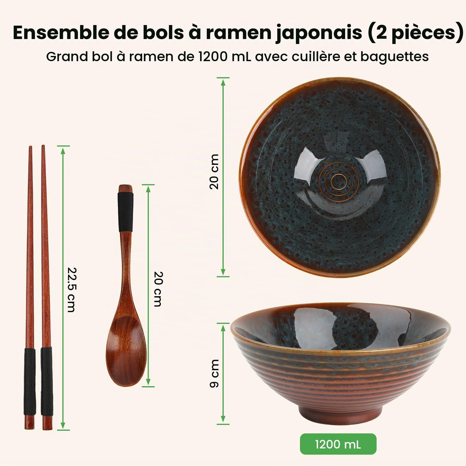 GEEKHOM Ramen Lot de 2 bols à ramen japonais en céramique de 1200 ml avec baguettes et cuillères en bois – Grand, micro-ondes et lave-vaisselle pour pâtes, soupe, pho, salade