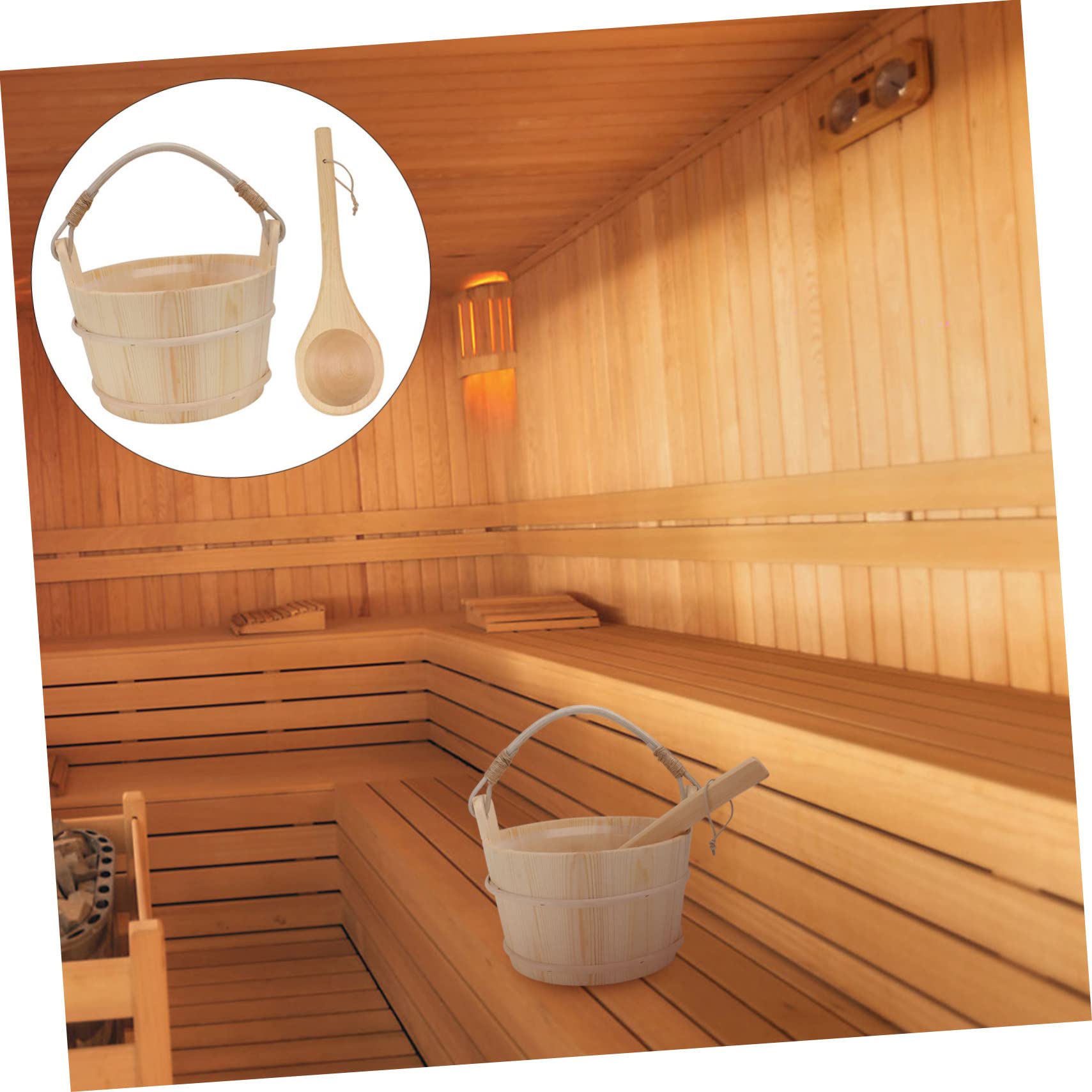 1zestaw Drewniany Wiaderko i Łyżka Do Sauny z Plastikowym Wkładem Akcesoria Do Kąpieli Spa i Masażu Trwały i Naturalny Materiał