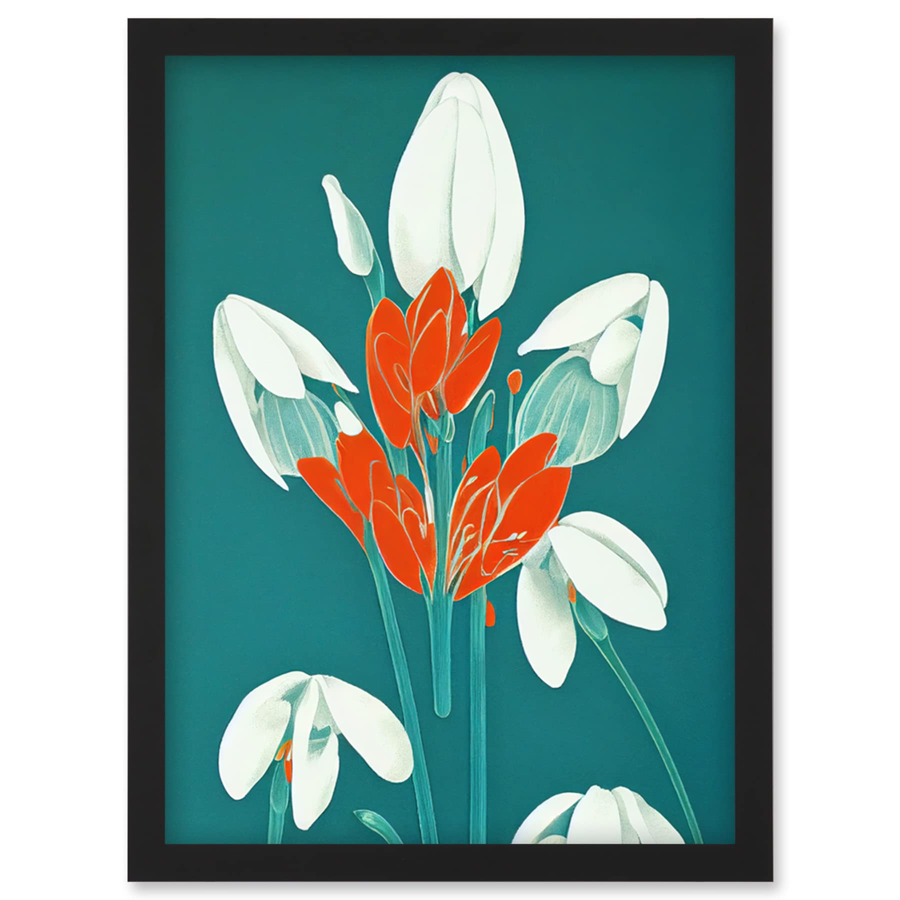 Wee Blue Coo Abstract Snowdrops Red Flowers on Teal Retro Mid Century Style Artwork Framed Wall Art Print A4