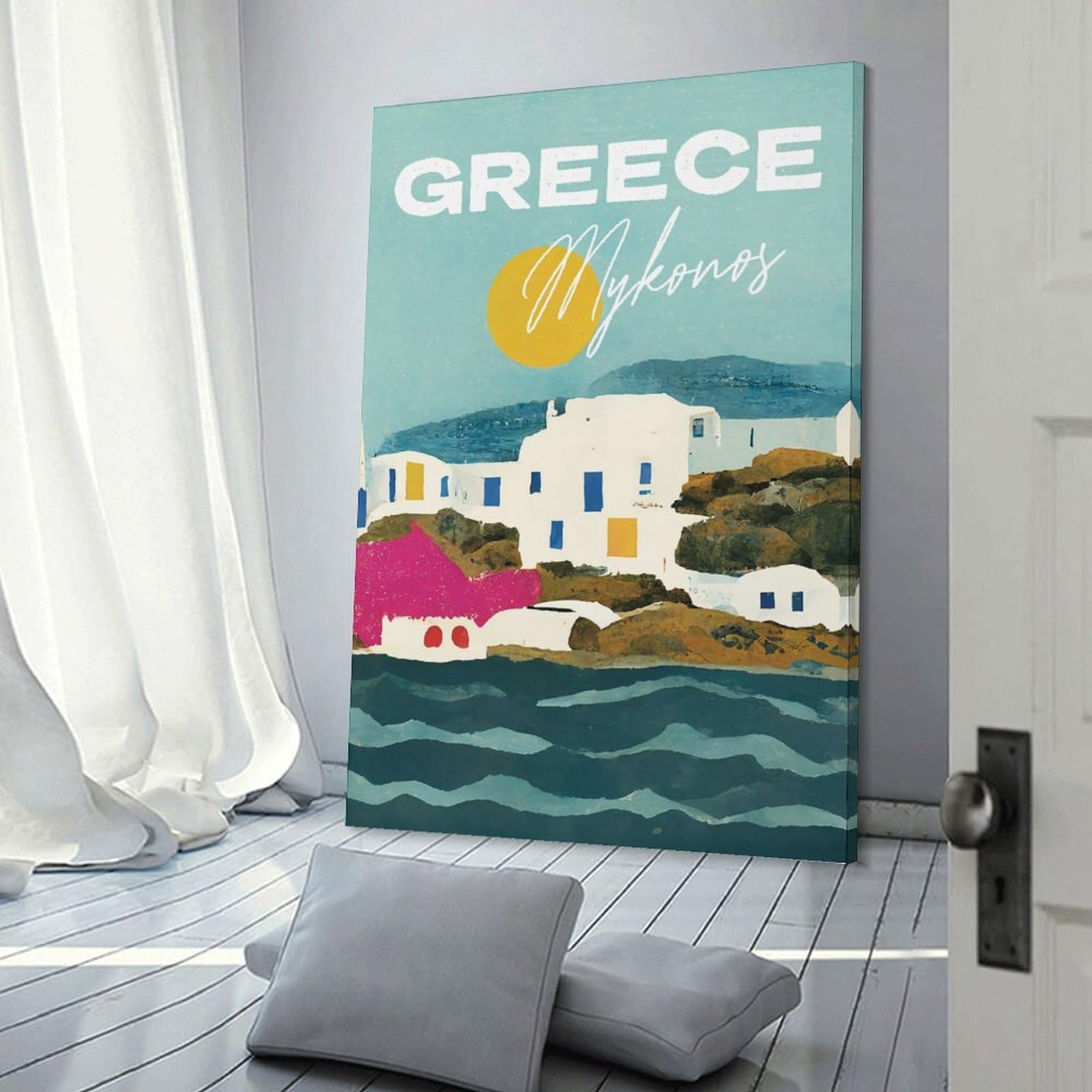 Junmoney Wall Decor Canvas Print Sun over Mykonos Greece, 12x18inch(30x45cm), for Study, Office Or Apartment Decor, Canvas Artwork with Gifting Potential