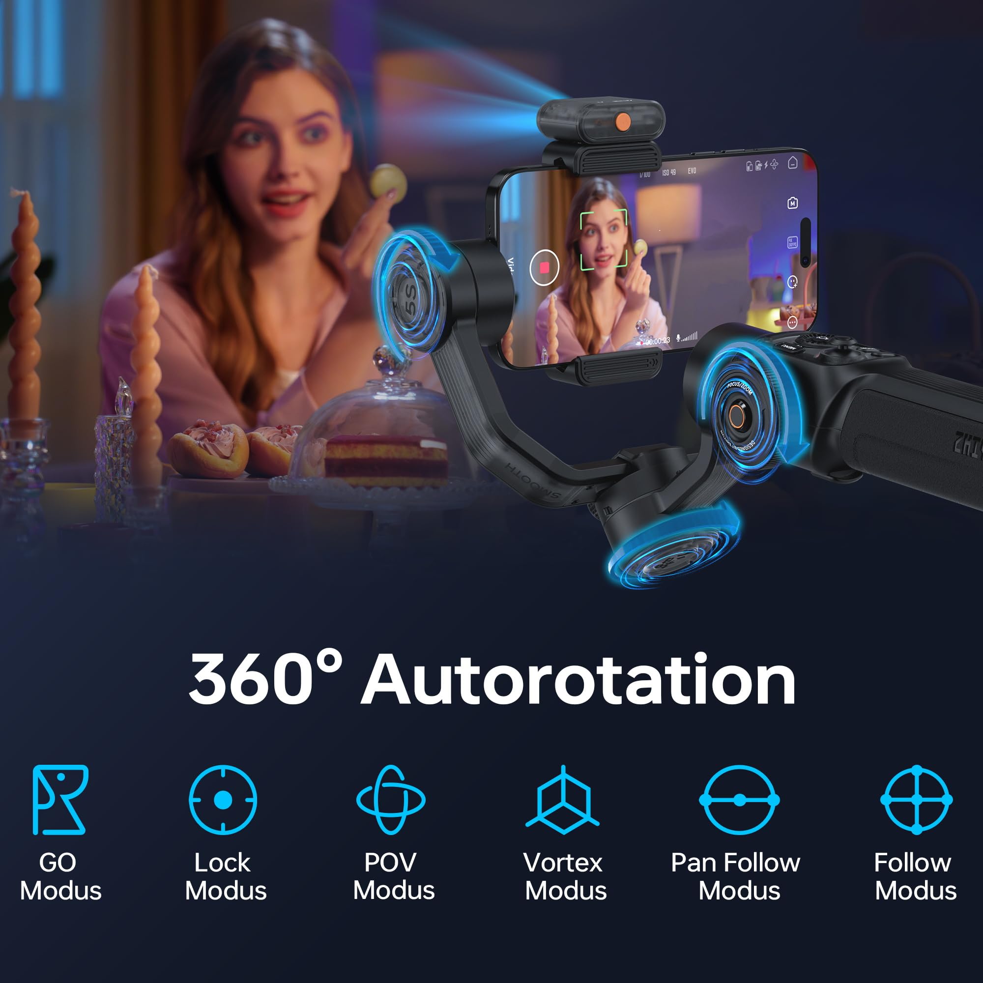 ZHIYUN Smooth-5S AI Pro[Official] AI-gestützter Smartphone Gimbal, Gimbal Stabilisator 3-Achsen, mit Stativ, AI Tracker, Magnetlichter, Handy Stabilisator, für Vlog, YouTube, TikTok