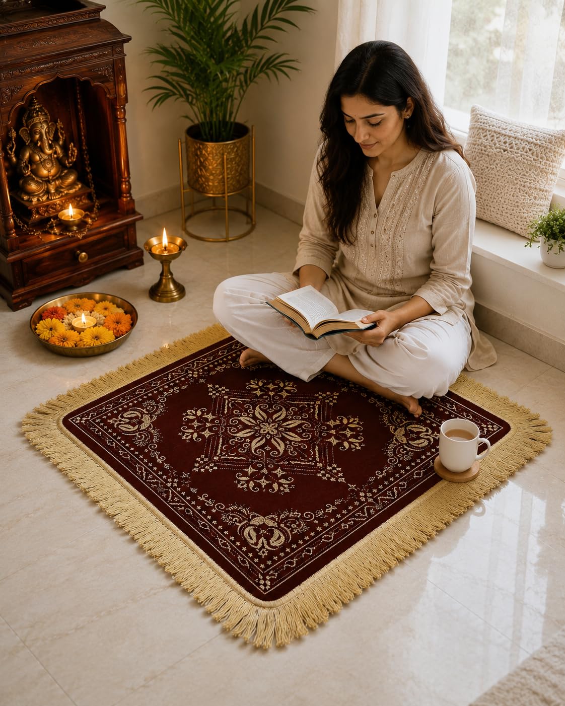 Decor Home Premium Chenille Velvet Multipurpose Decorative Sitting Prayer Square Mat/Aasan/Pad/Sedge for Pooja, Yoga, Dinner (Size 2 Ft X 2 Ft) (Maroon)-picture-38